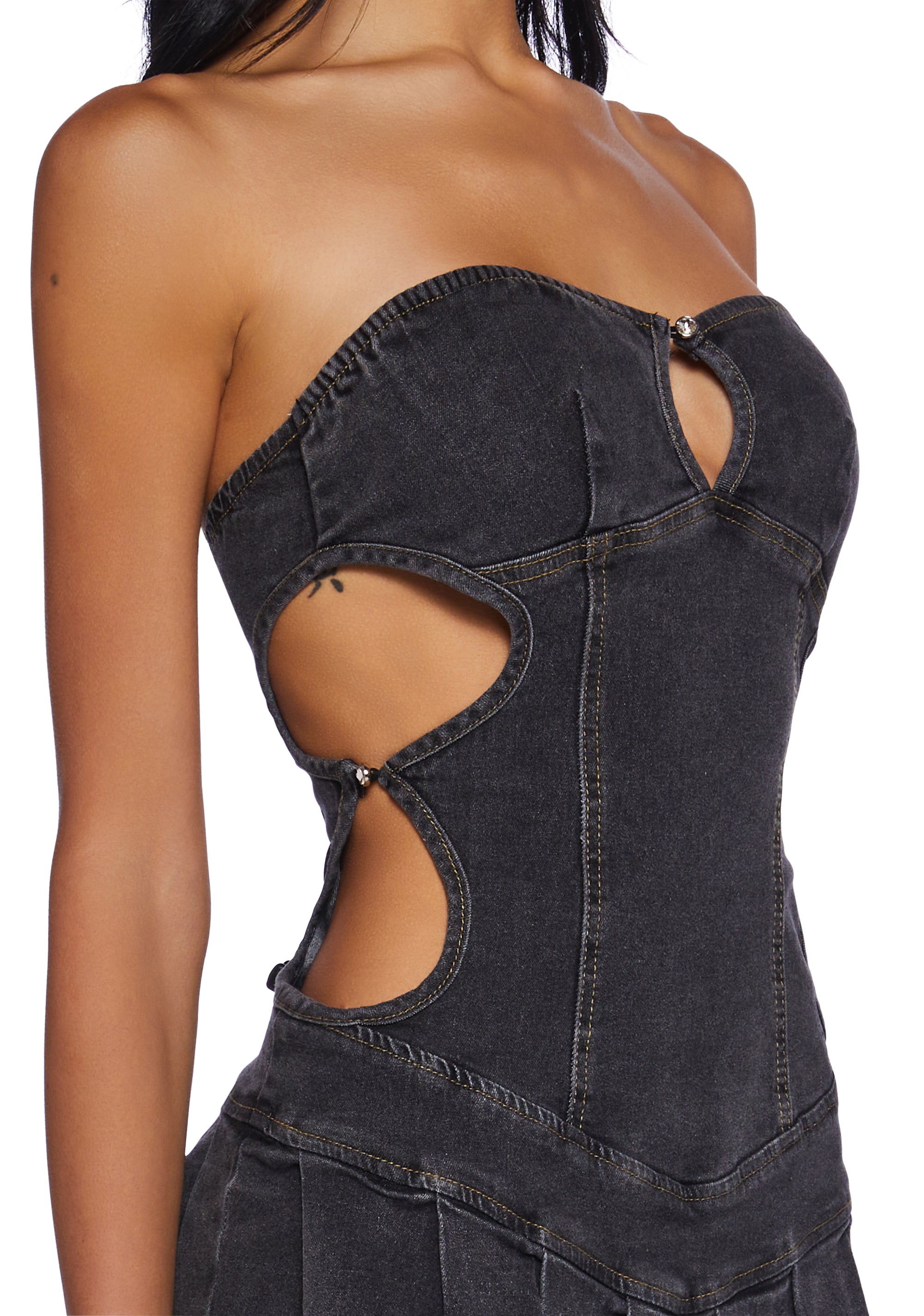 dolls kill denim dress Sexy Womens Washed Denim Pleated Strapless Cutout Mini Skort Dress