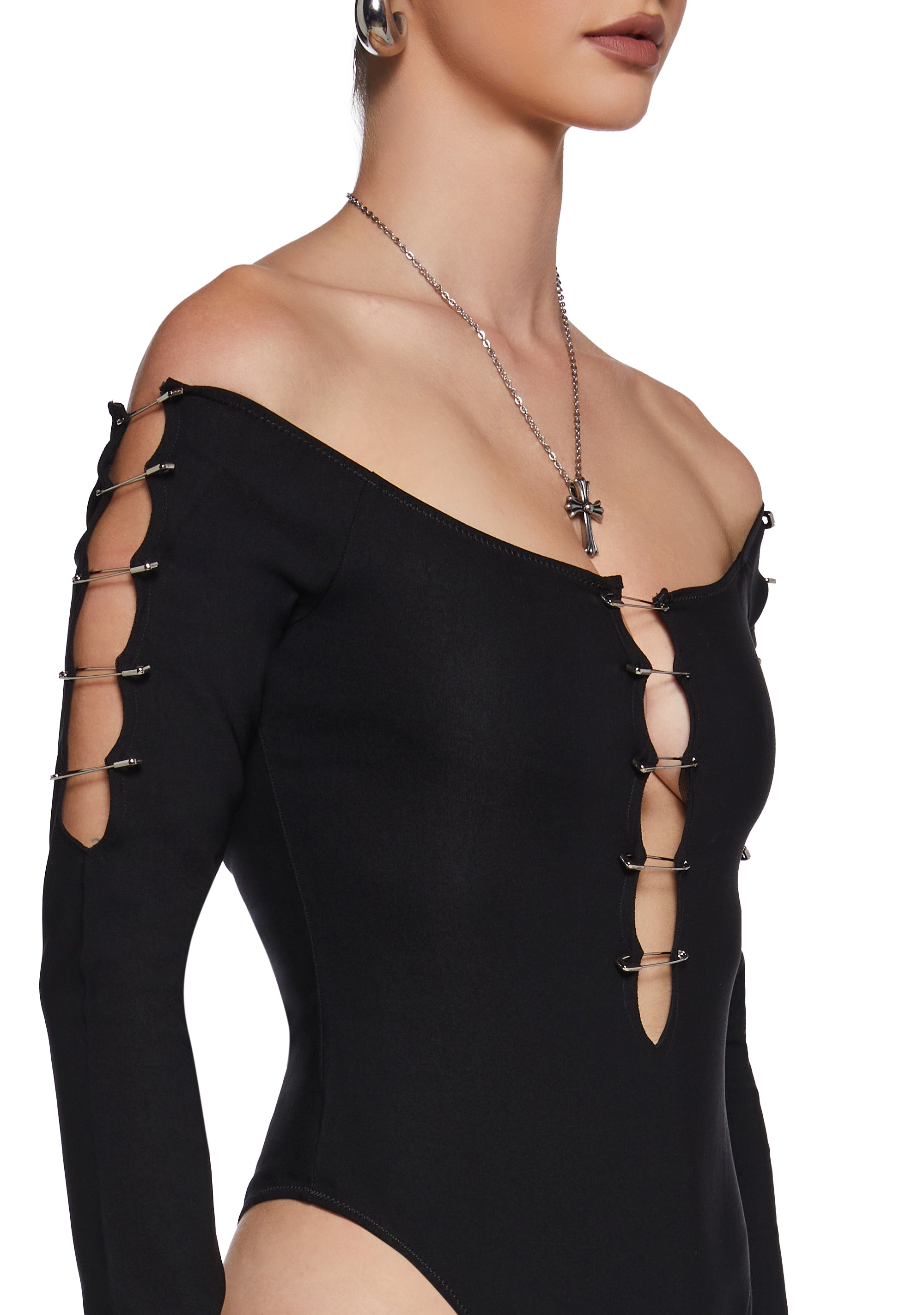 ★BADBLOOD★ Beyond Soft Bodysuit Long Sleeve Charcoal w-jst Stretchy Knit Off-The-Shoulder Cutout Safety Pin Long Sleeve