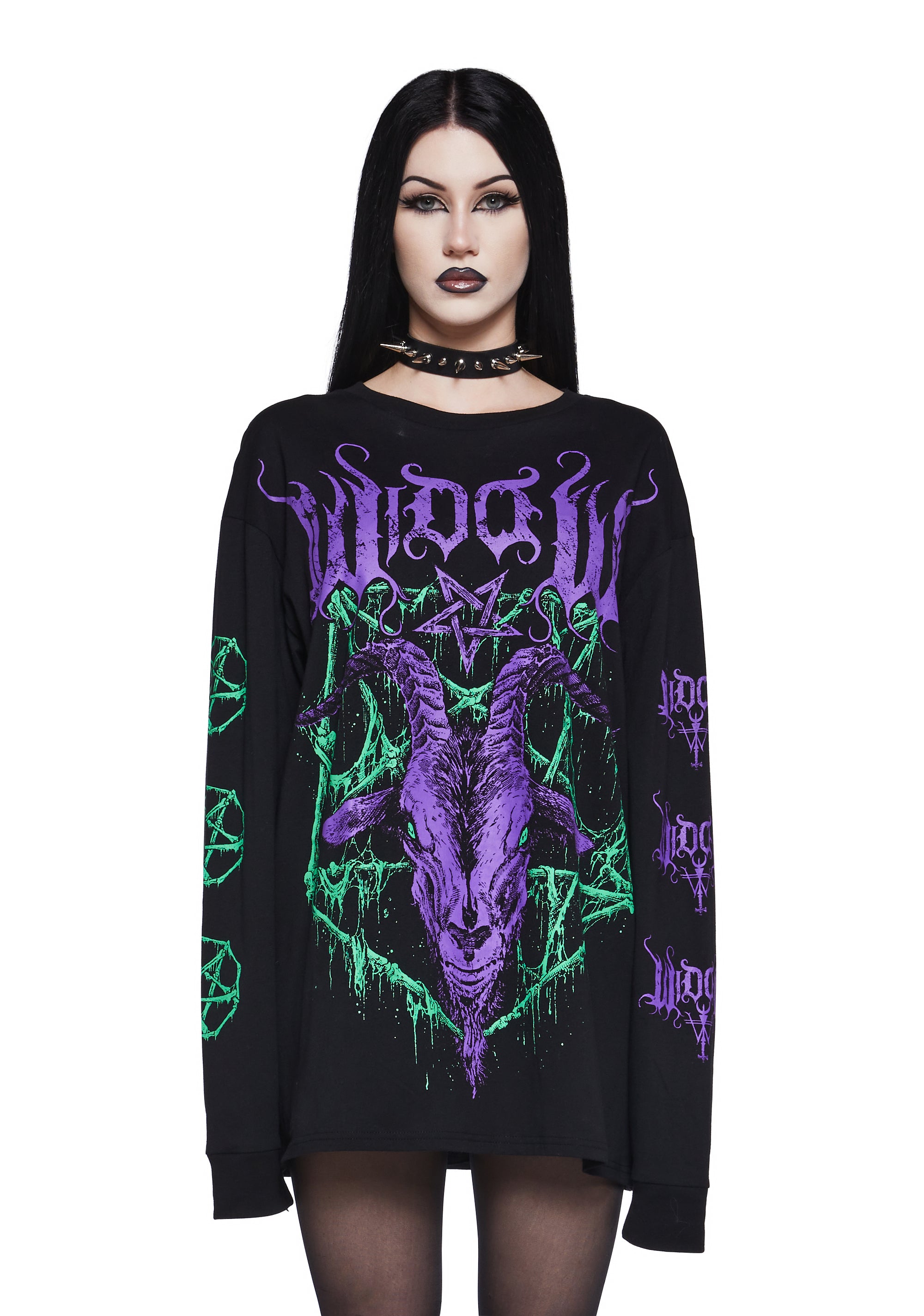 Stretchy Knit Pentagram Baphomet Graphic Print Long Sleeve Tee
