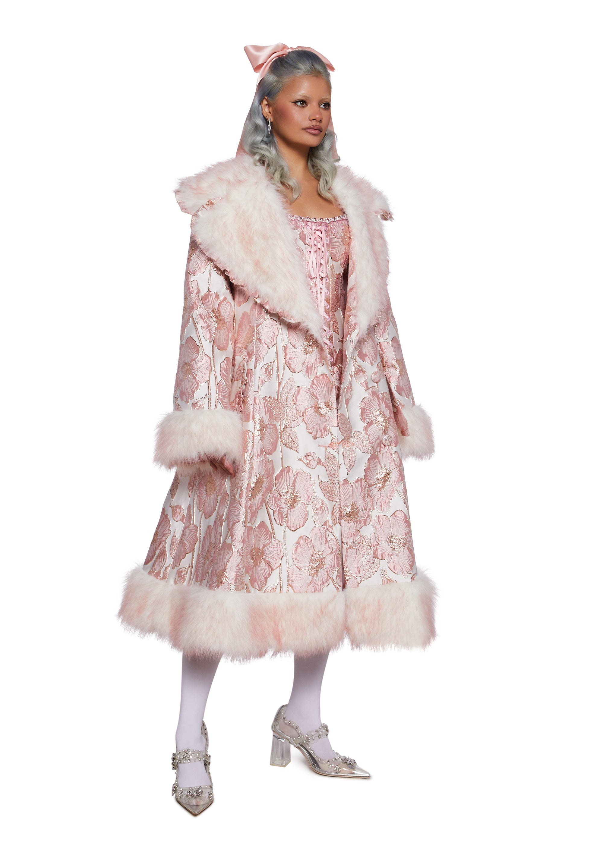 Womens Dream Closet Floral Jacquard Brocade Faux Fur Coat Womens Dream Closet Floral Jacquard Brocade Faux Fur Coat