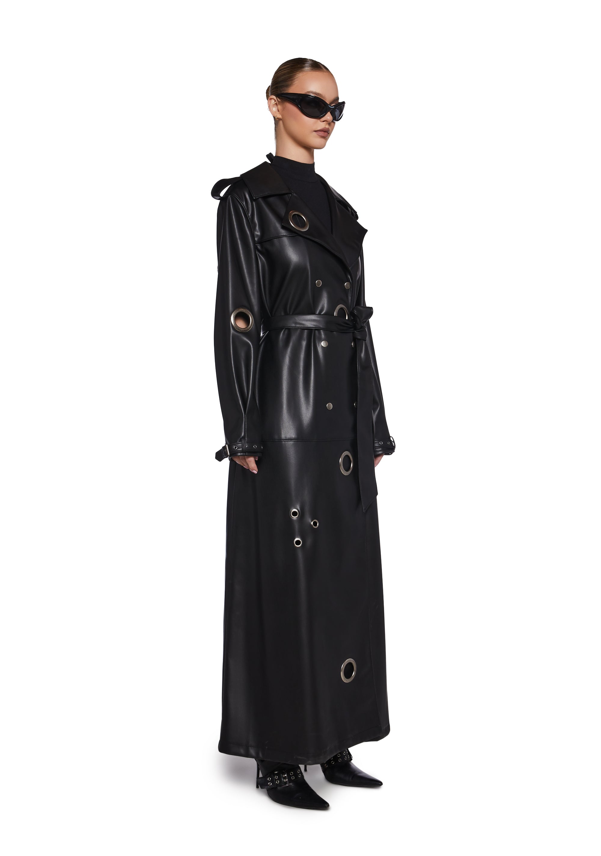 Vegan Leather Eyelet Belted Trench Coat Poster Grl - Black – Dolls