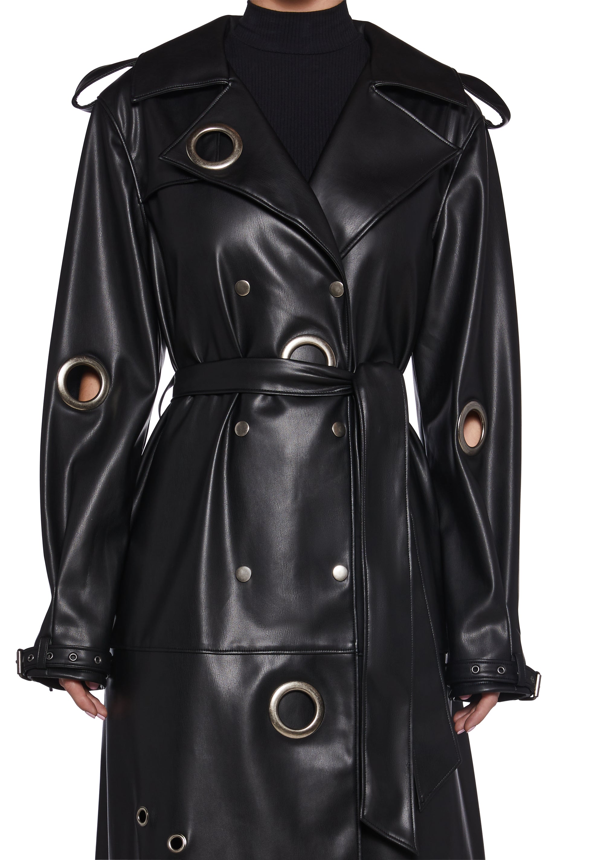 Vegan Leather Eyelet Belted Trench Coat Poster Grl - Black