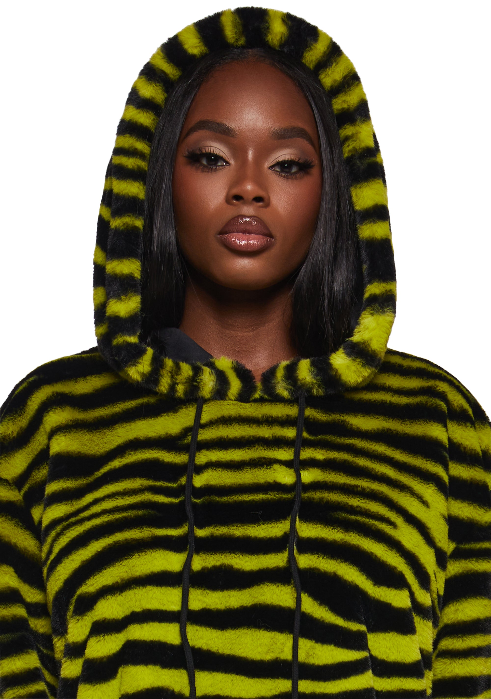 Zebra Striped Faux Fur Hoodie Poster Grl Yellow Dolls Kill