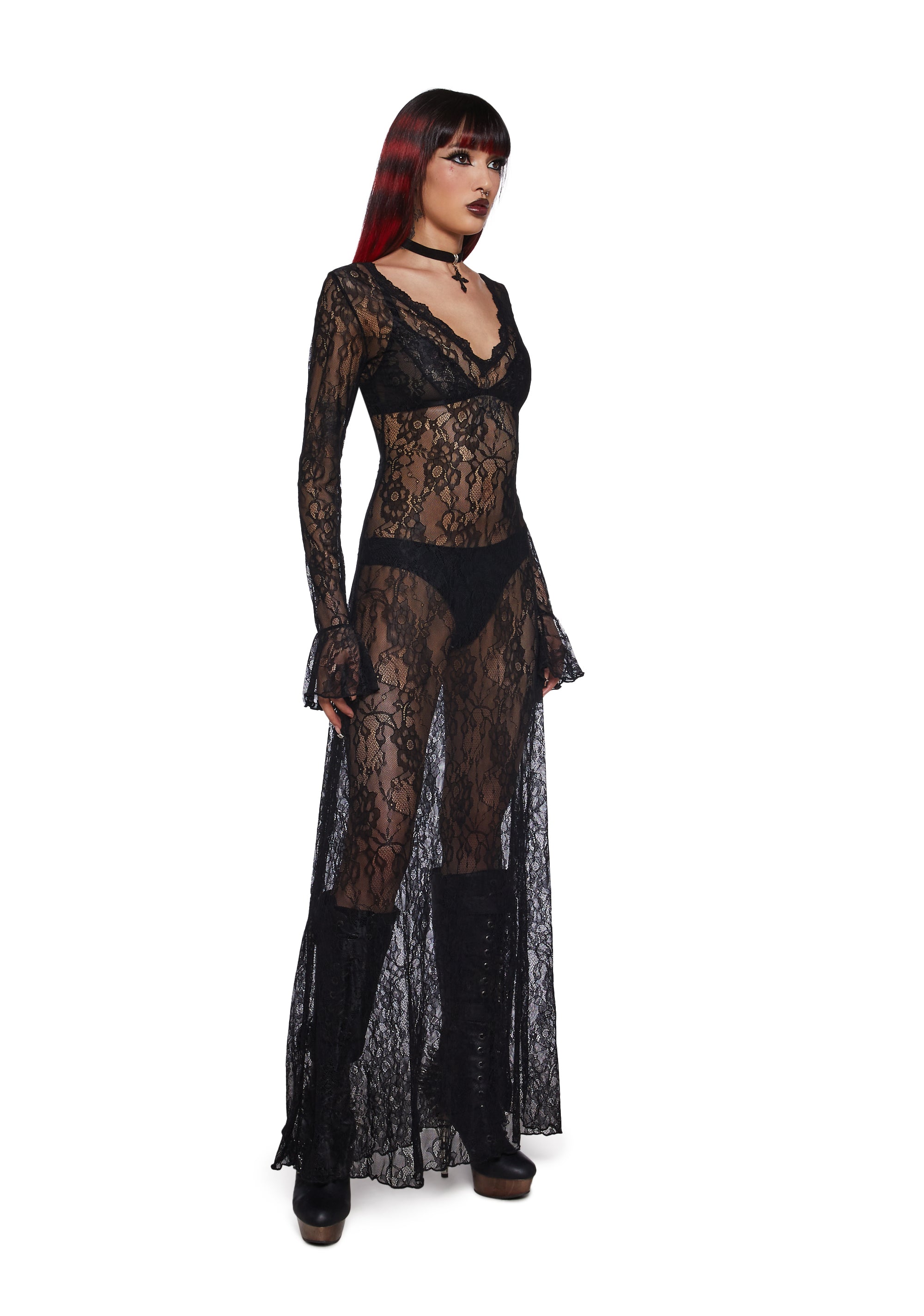 Sheer Floral Lace Long Sleeve Maxi Dress Widow - Black Dolls Kill Sheer Floral Lace Long Sleeve Maxi Dress Widow - Black Dolls Kill