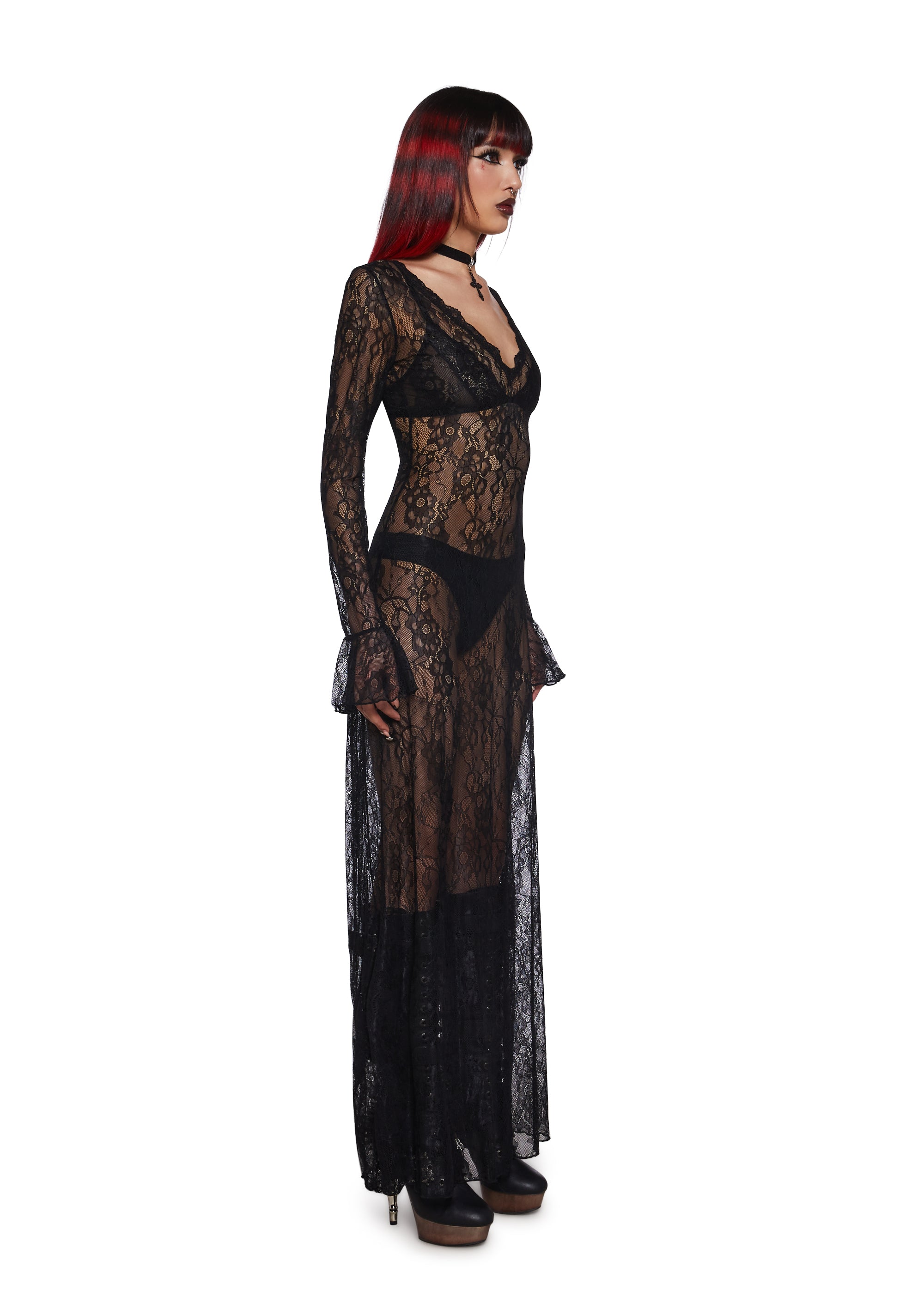 Sheer Floral Lace Long Sleeve Maxi Dress Widow - Black Dolls Kill Sheer Floral Lace Long Sleeve Maxi Dress Widow - Black Dolls Kill