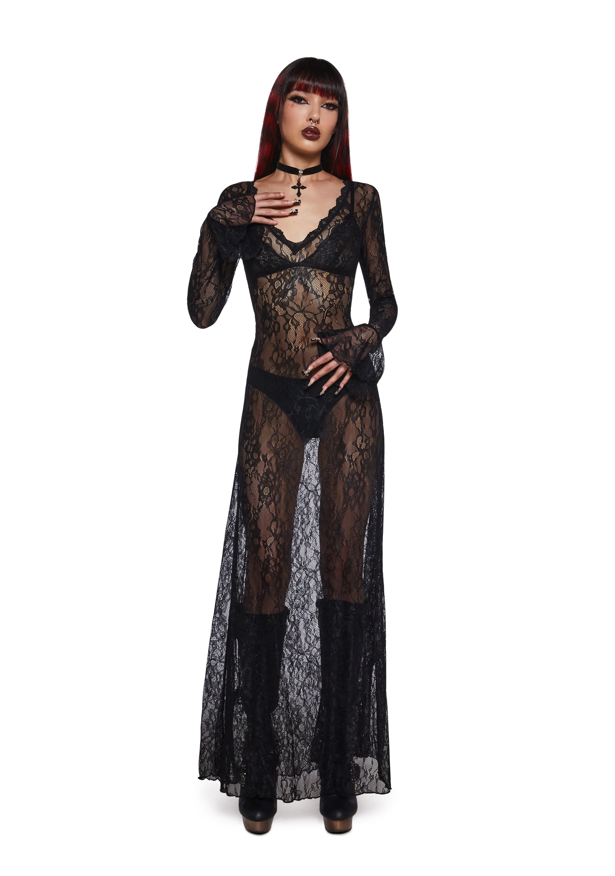 Sheer Floral Lace Long Sleeve Maxi Dress Widow