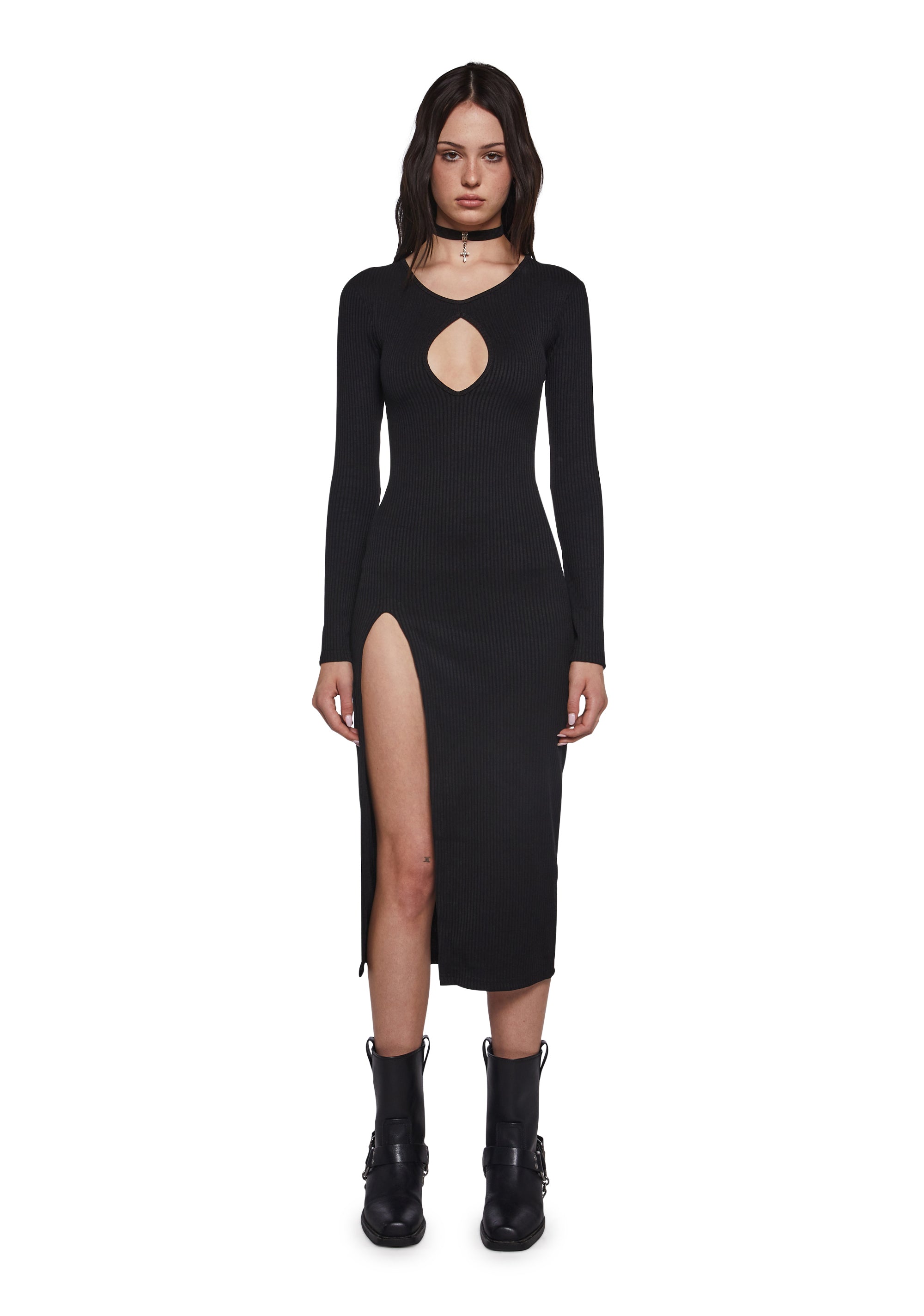 Womens Sexy Midi Ribbed Cut Out Dress With High Slit Poster Grl