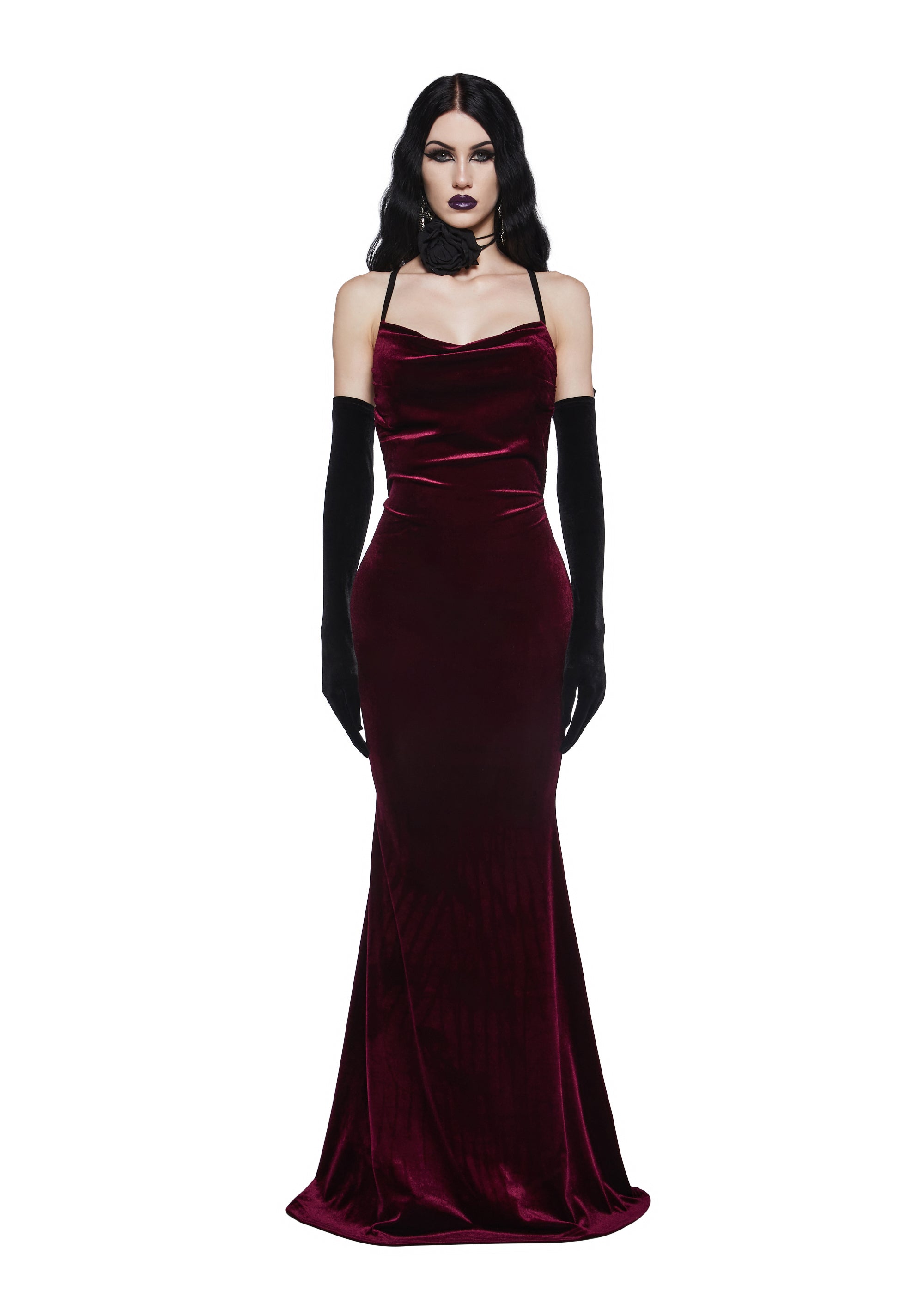 Velvet Cowl Neck Criss-Cross Straps Maxi Dress Widow - Dark Red