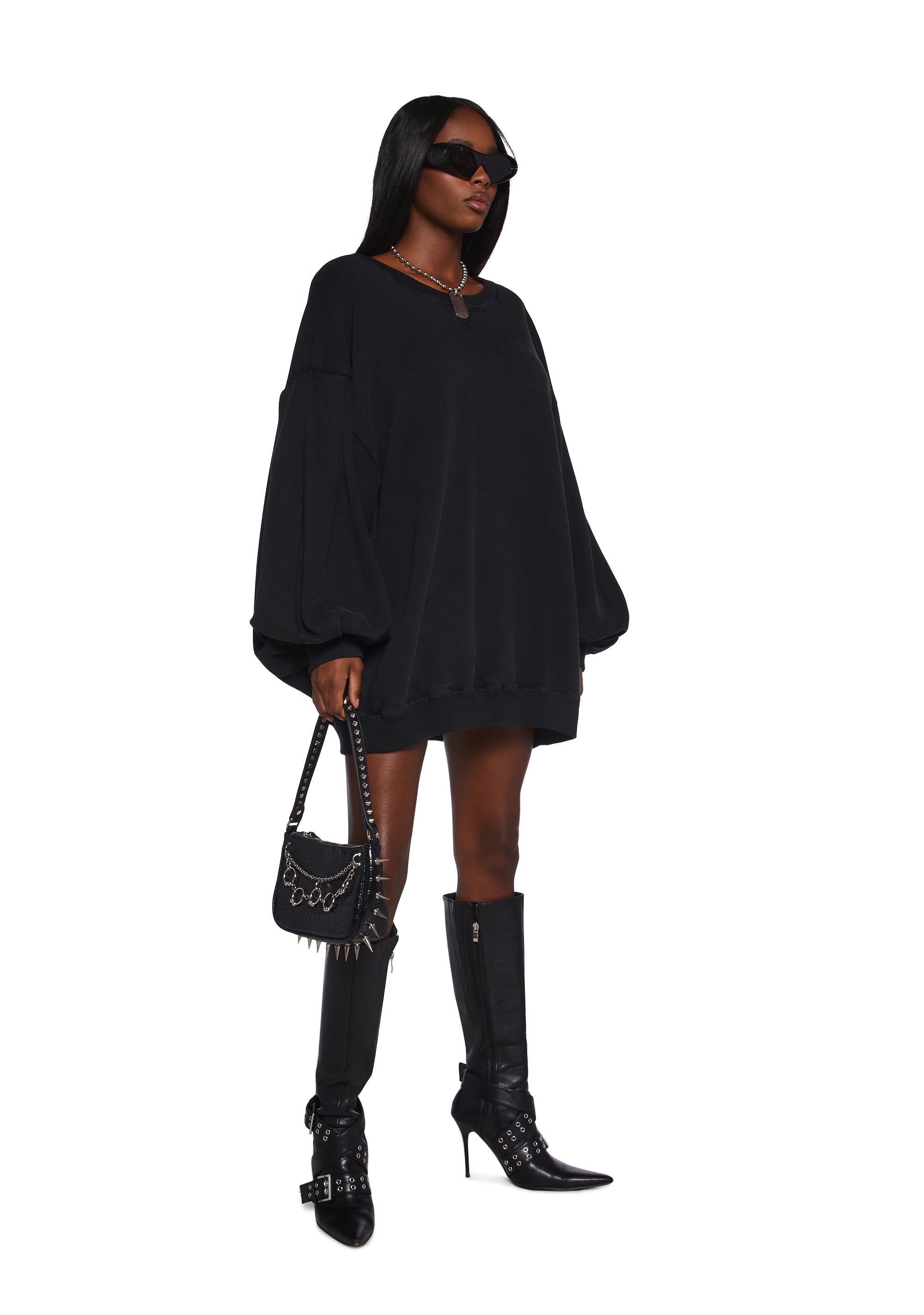 Oversized Balloon Sleeve Crewneck Sweatshirt Dress Poster Grl