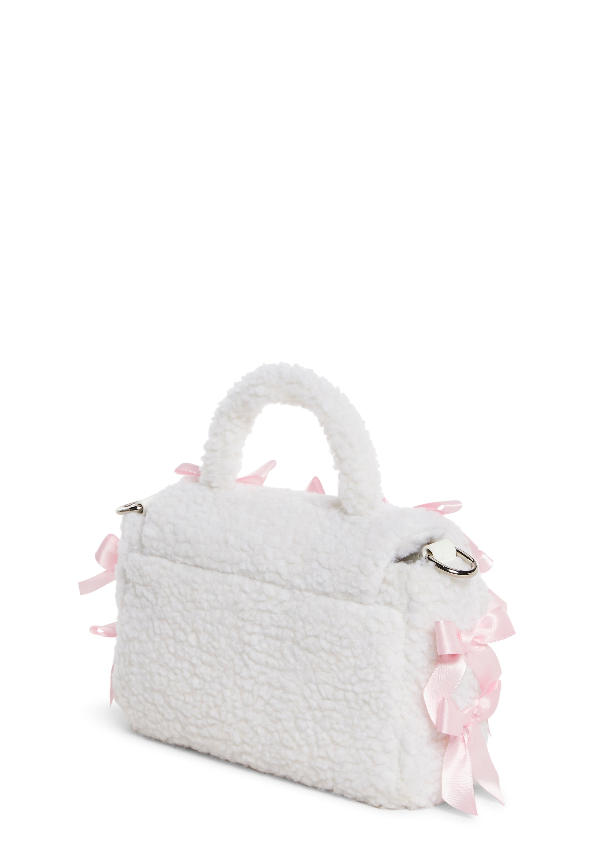 Faux Fur Plush Sherpa Satin Bow Handbag Sugar Thrillz White