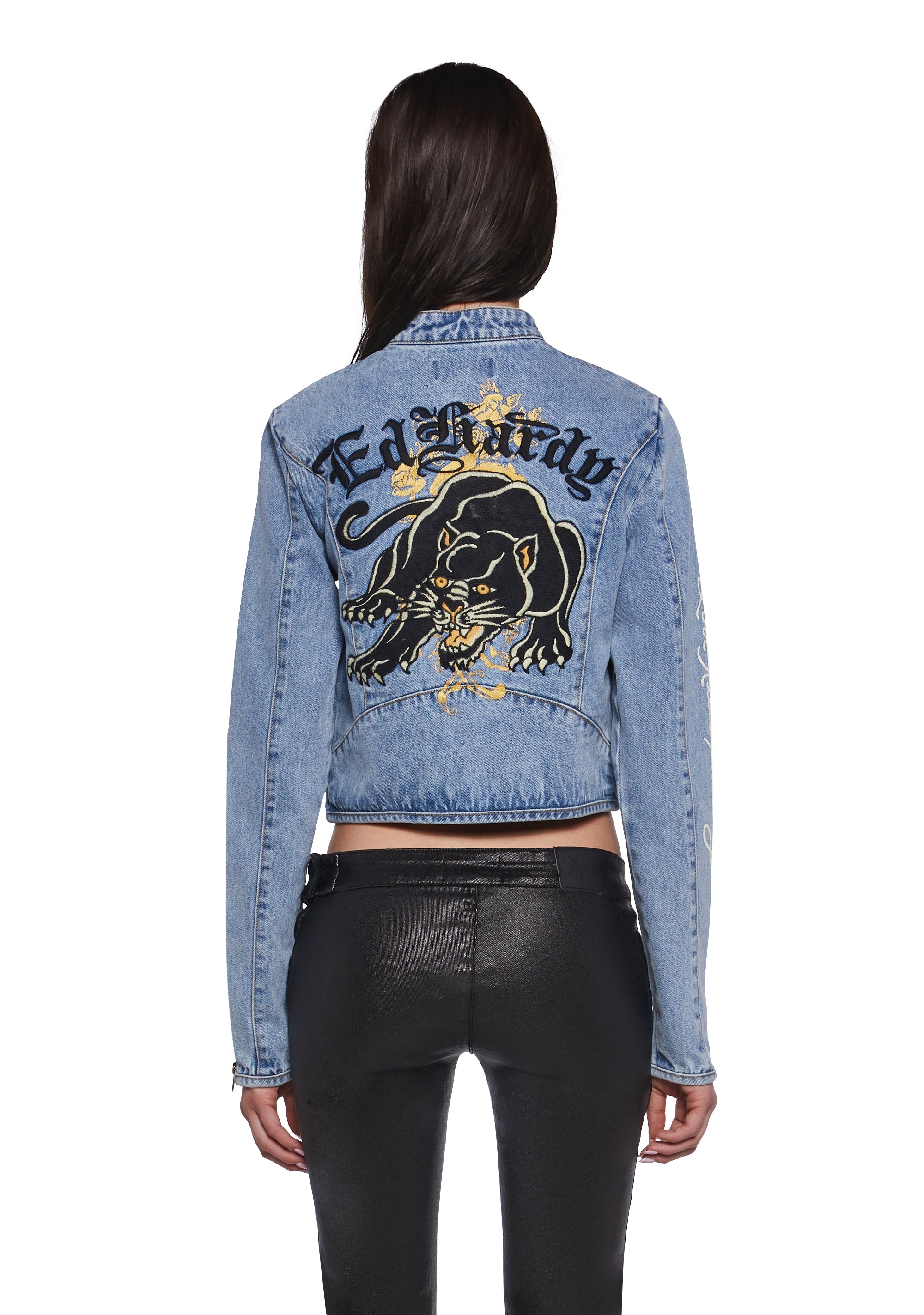F R. Edward Ed Hardy Dragon Panther Denim Moto Jacket - Blue – Dolls Kill