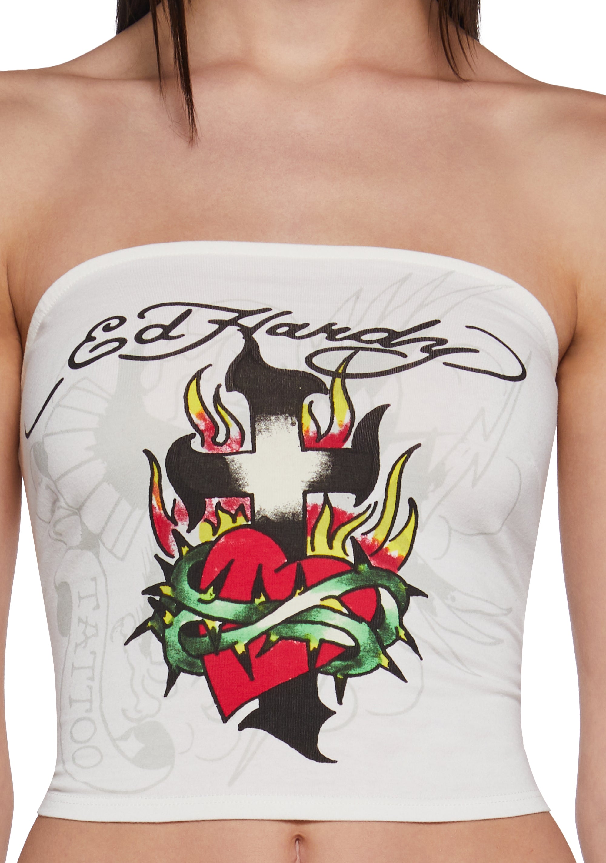 Ed Hardy Cross Heart Tube Top - Off White – Dolls Kill