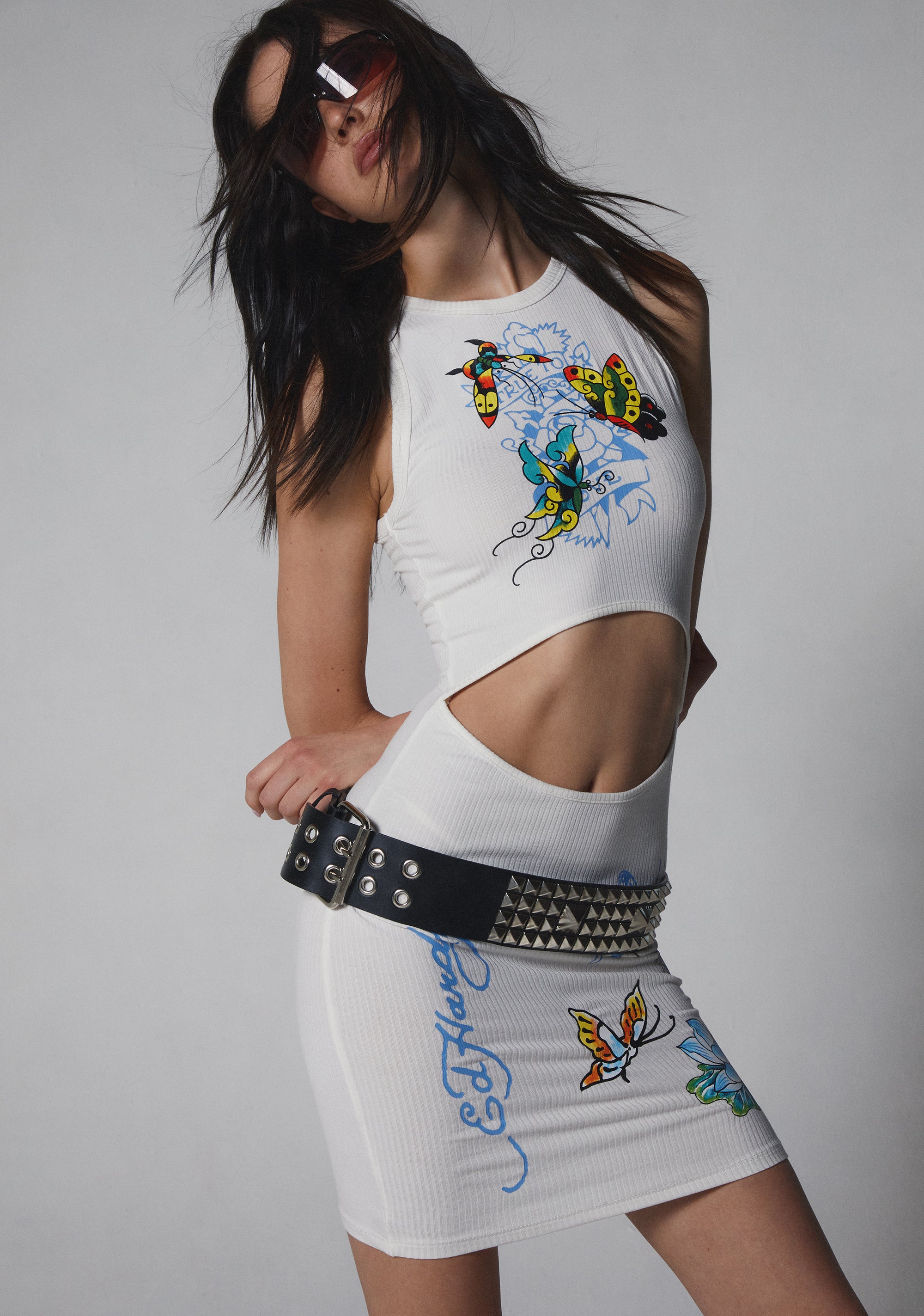 Ed Hardy Butterfly Ribbed Cut Out Tank Dress - Off White – Dolls Kill