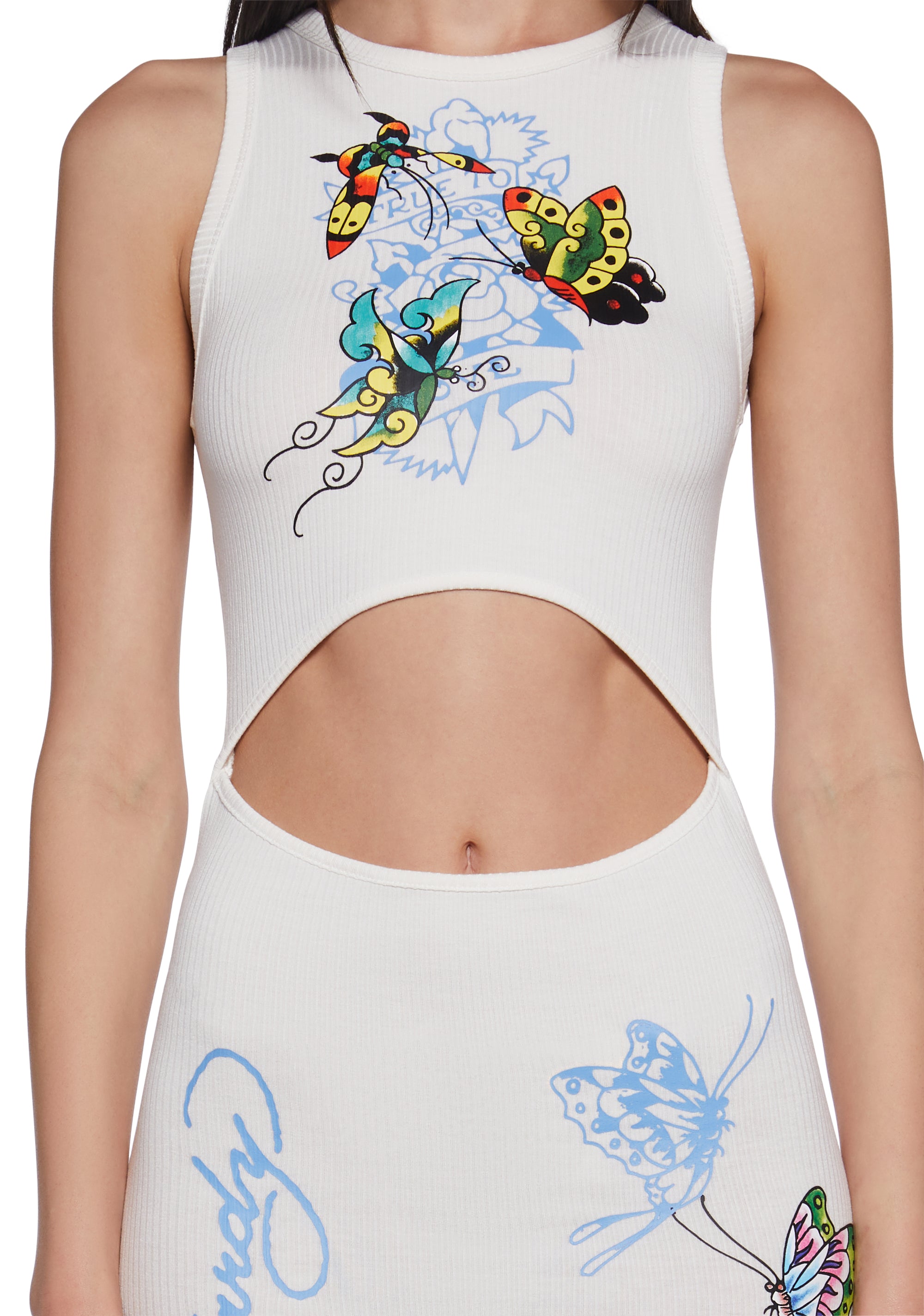 Ed Hardy Butterfly Ribbed Cut Out Tank Dress - Off White – Dolls Kill