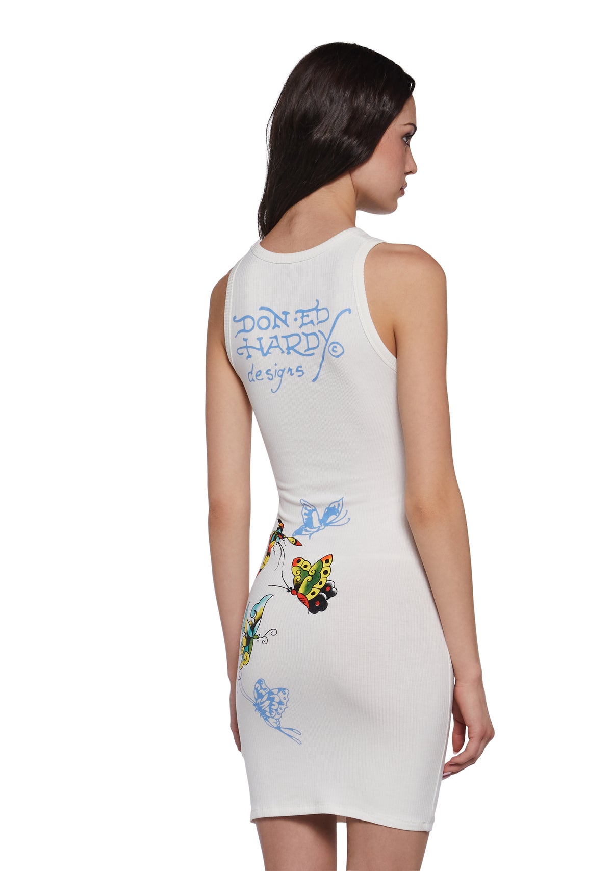Ed Hardy Butterfly Ribbed Cut Out Tank Dress - Off White – Dolls Kill