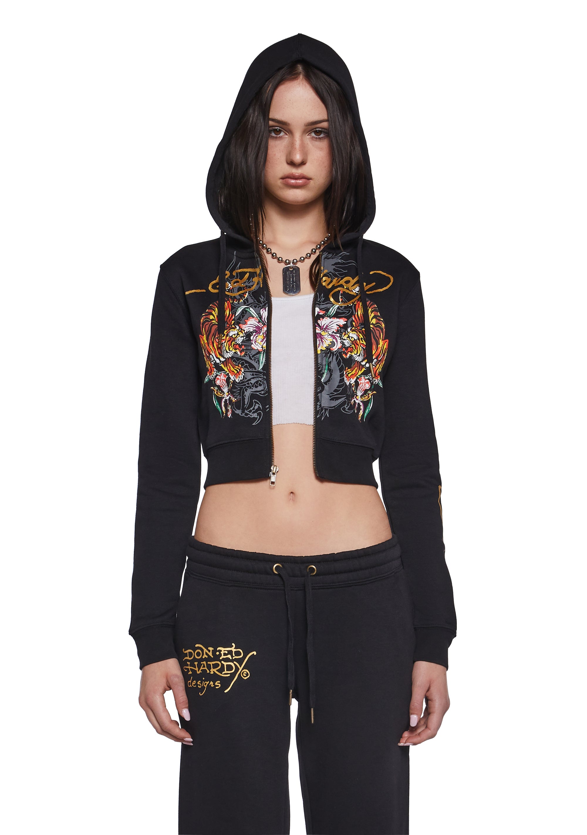 Ed Hardy Tigers Zip-Up Crop Hoodie -Black – Dolls Kill