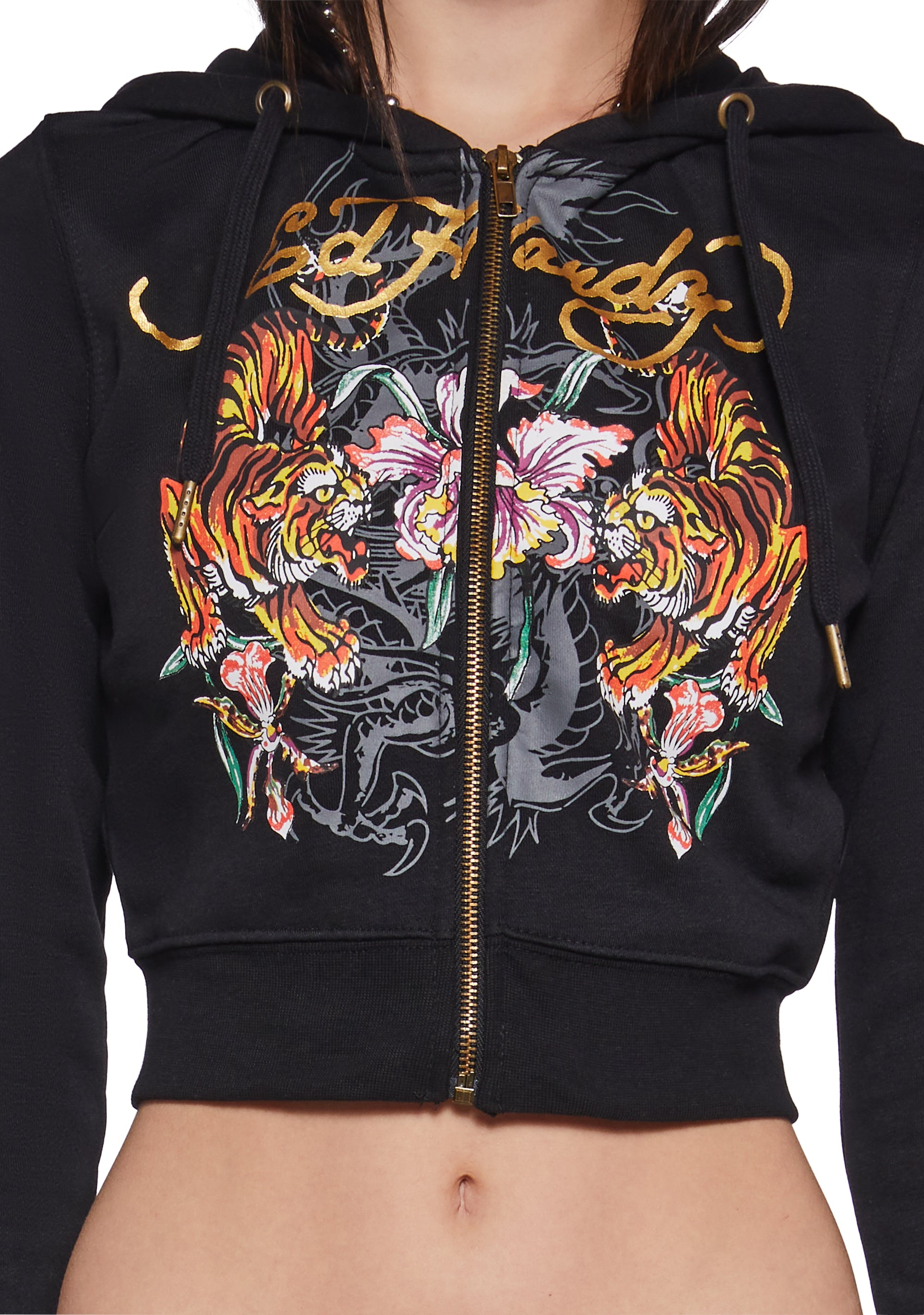 Ed Hardy Tigers Zip-Up Crop Hoodie -Black – Dolls Kill