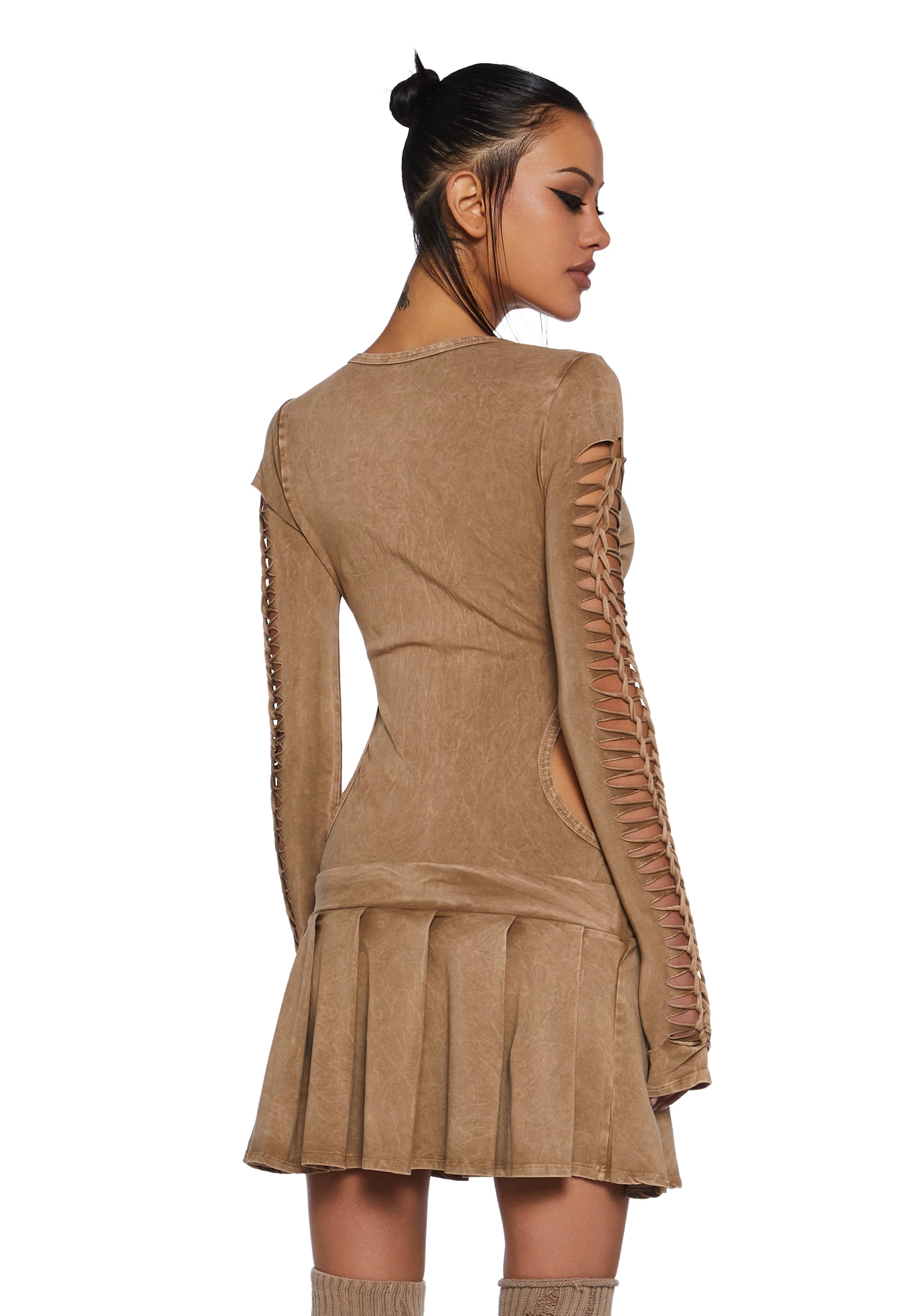 shredded mini dress Shredded Mini Dress With Long Sleeves