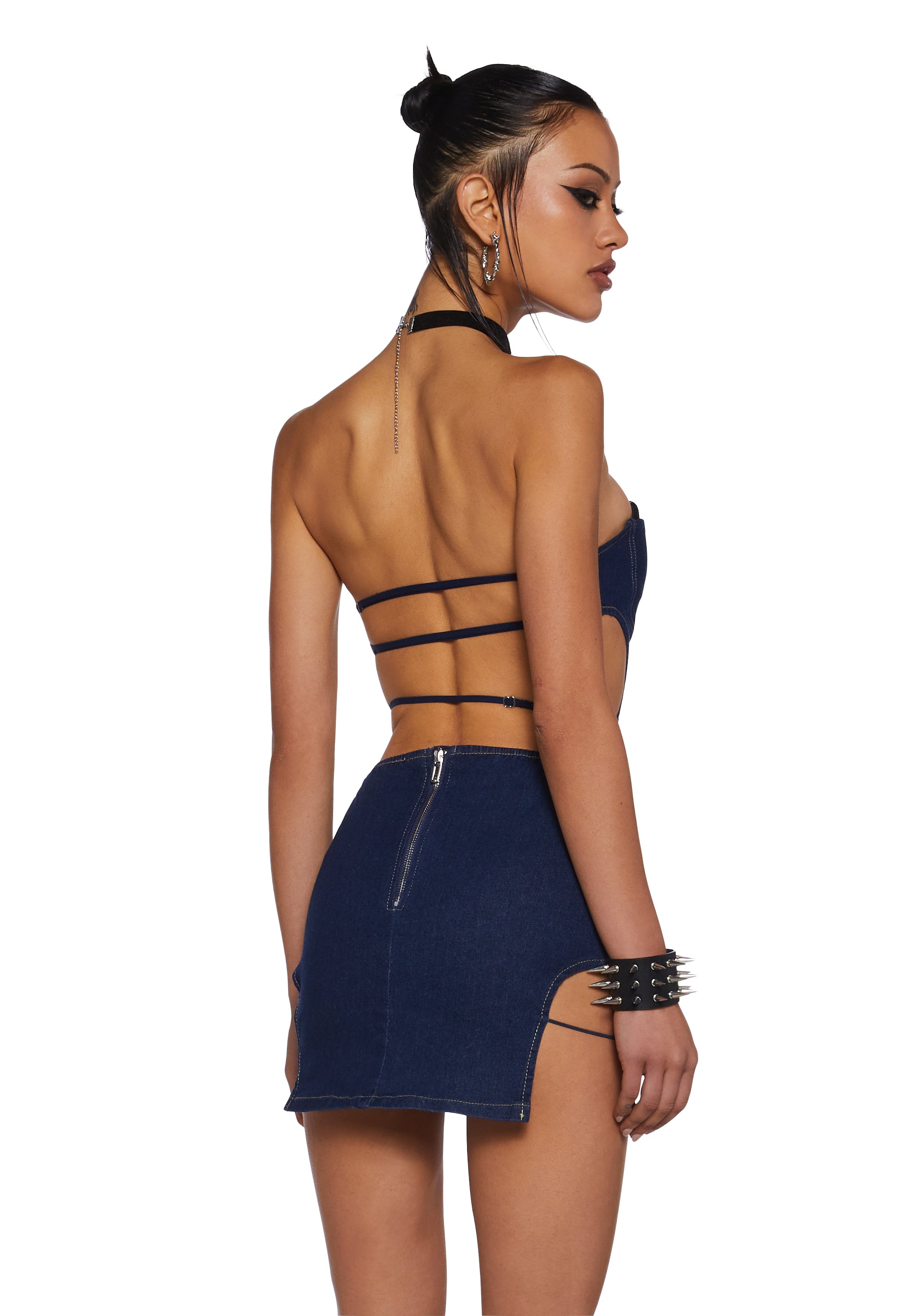 dolls kill denim dress Womens Colorblock Corset Denim Mini Dress Sugar Thrillz