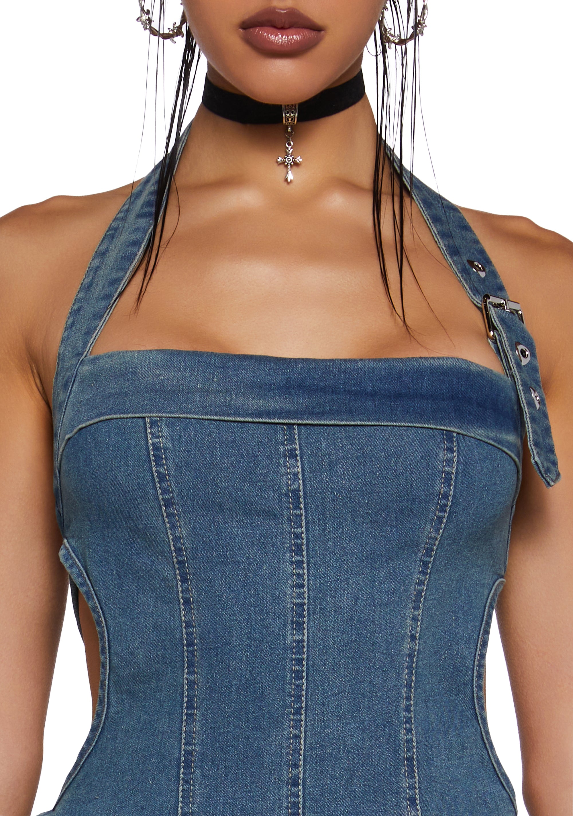 knee length dresses for ladies Medium Wash Button Up Backless Denim Halter Mini Dress main image 0