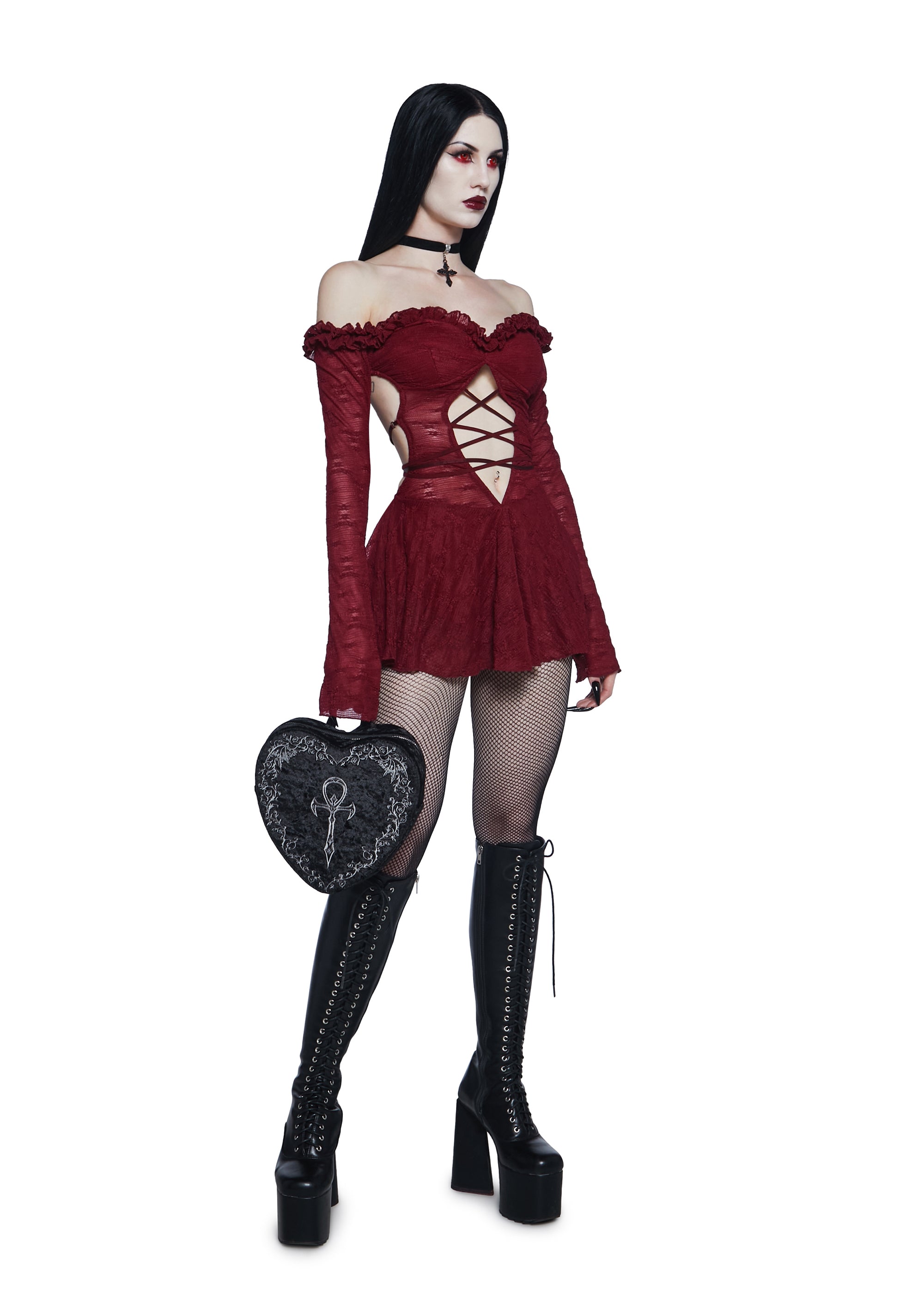 Off The Shoulder Mesh Long Sleeve Dress