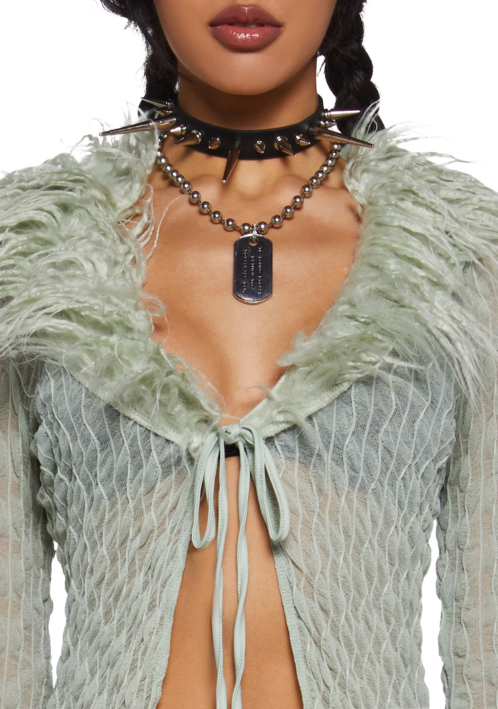 Stretchy Sheer Textured Knit Faux Fur Cardigan - Green