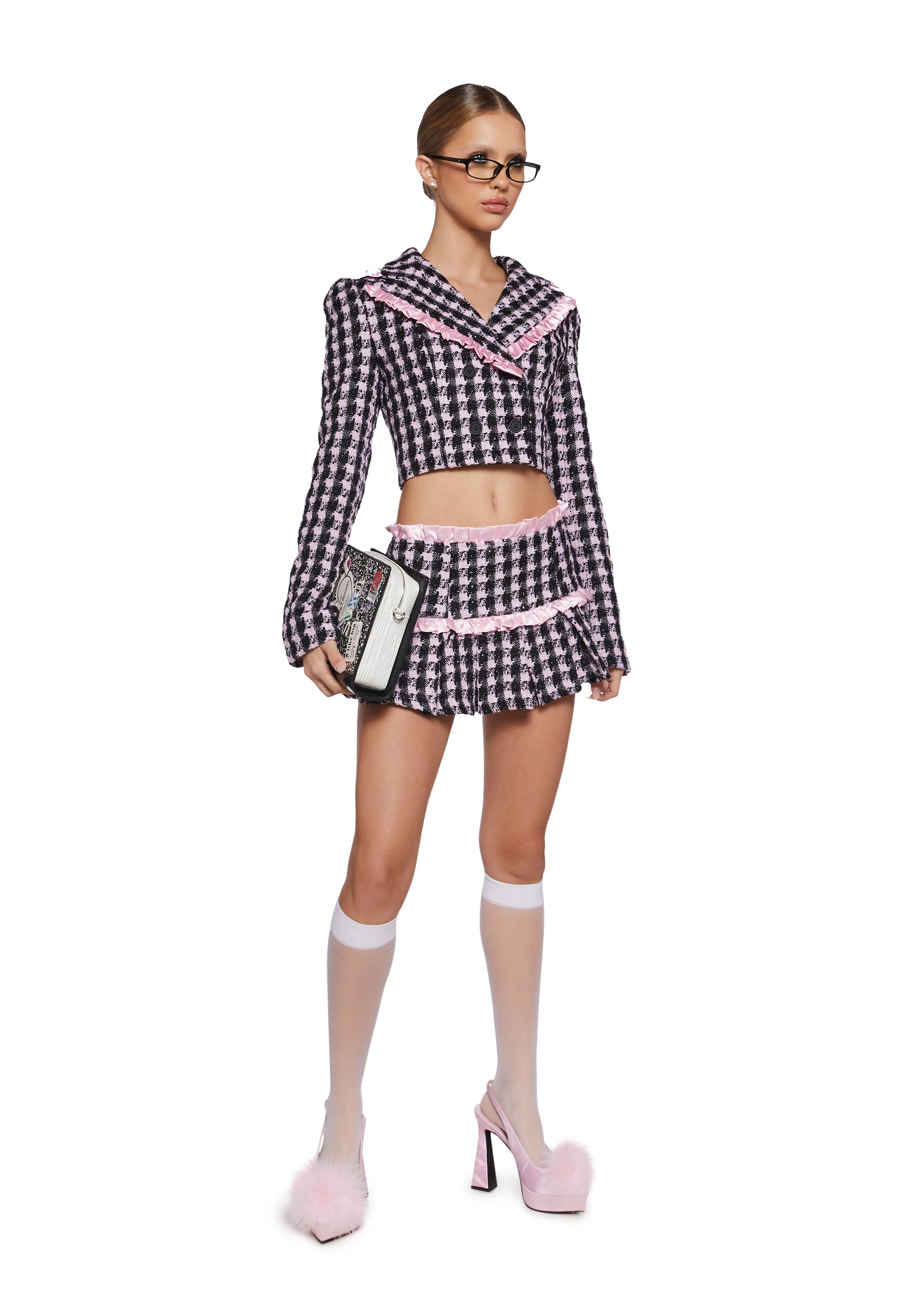 Herringbone Tweed Sequin Pleated Mini Skirt Sugar Thrillz