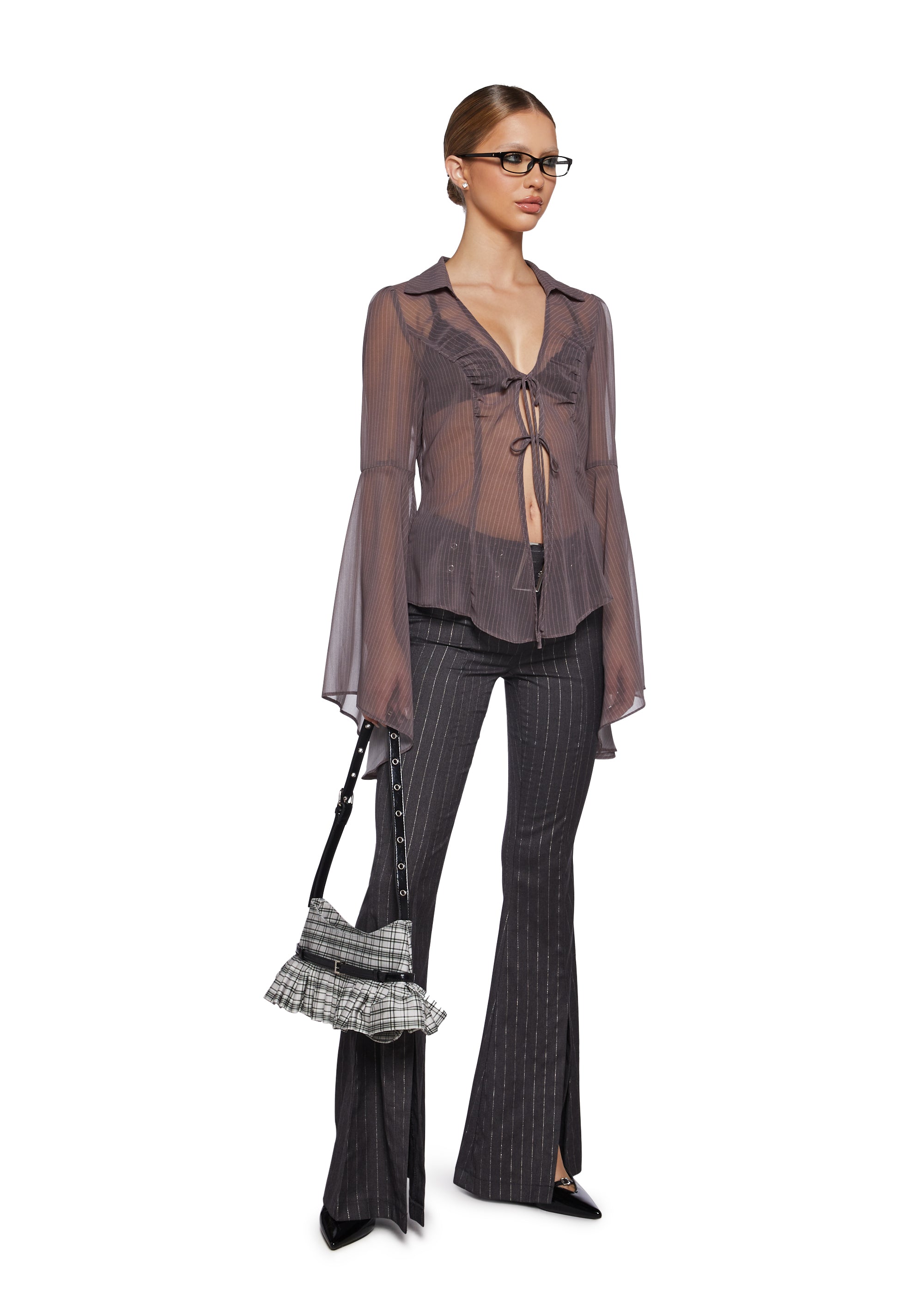 Womens Pinstripe Slit Pants With Belt - Gray – Dolls Kill