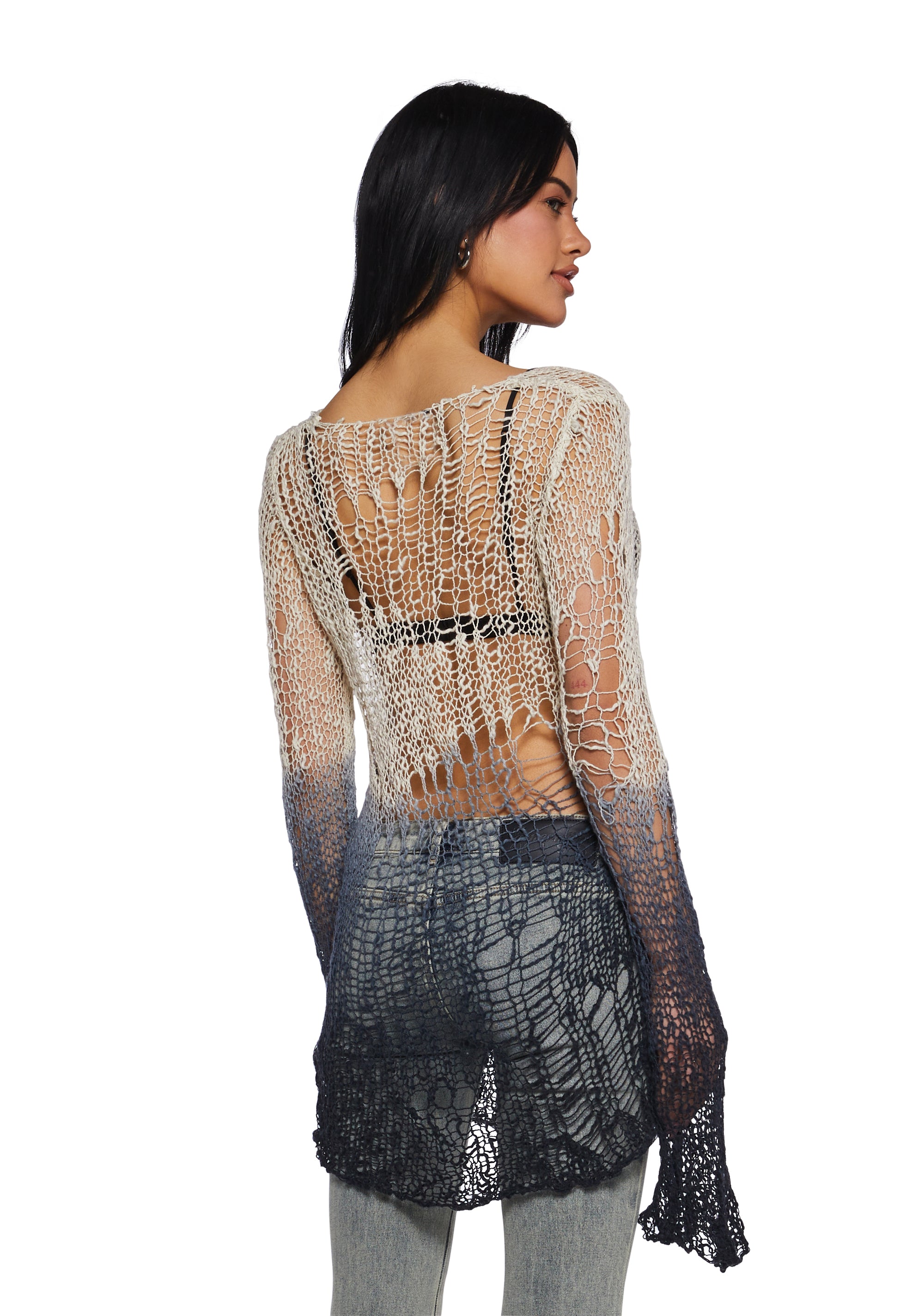 Womens Ombre Distressed Open Weave Knit Oversized Sweater