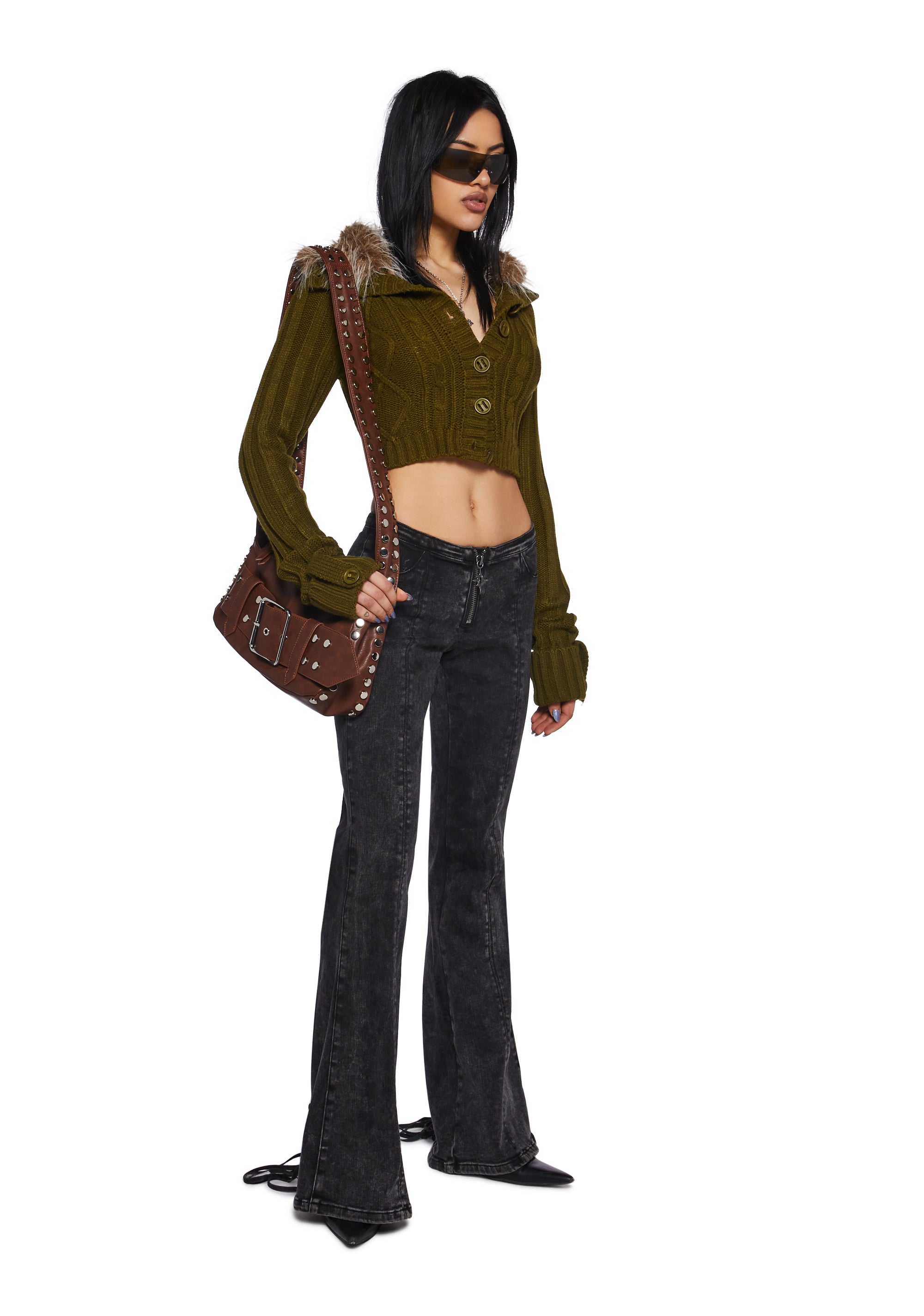 Womens Cable Knit Long Sleeve Cropped Jacket With Faux Fur