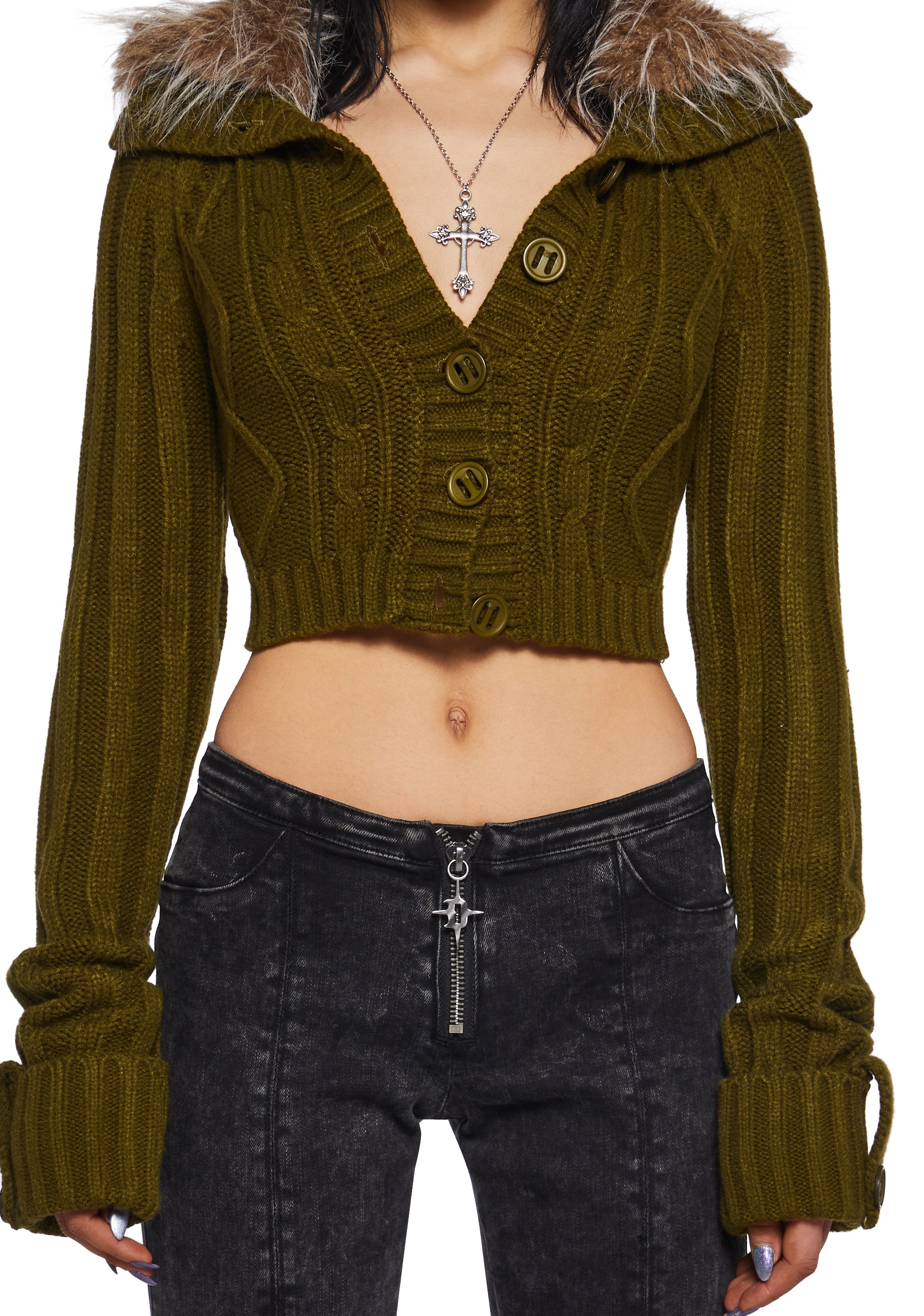 Womens Cable Knit Long Sleeve Cropped Jacket With Faux Fur