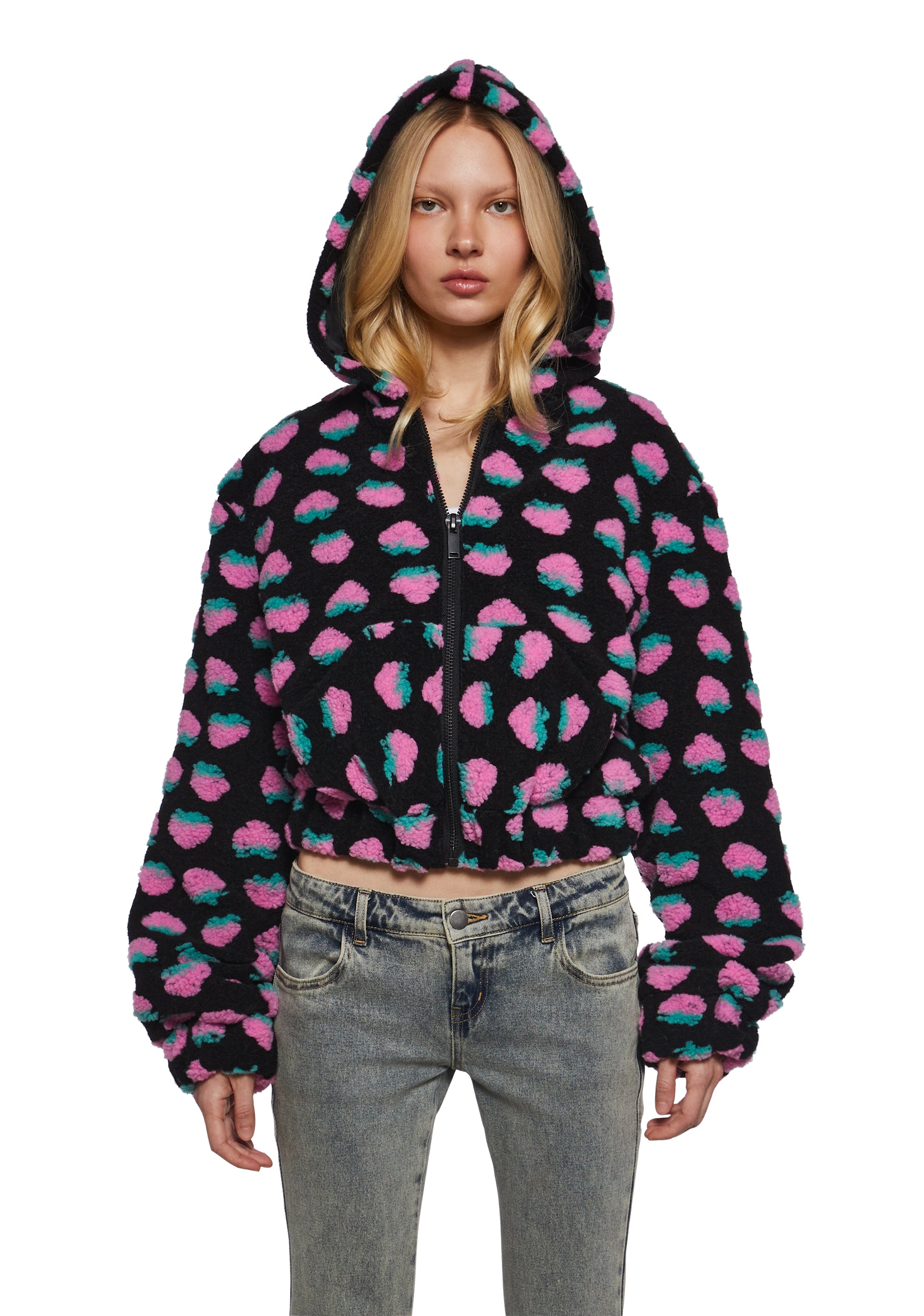 Faux Fur Sherpa Strawberry Print Hooded Jacket Sugar Thrillz