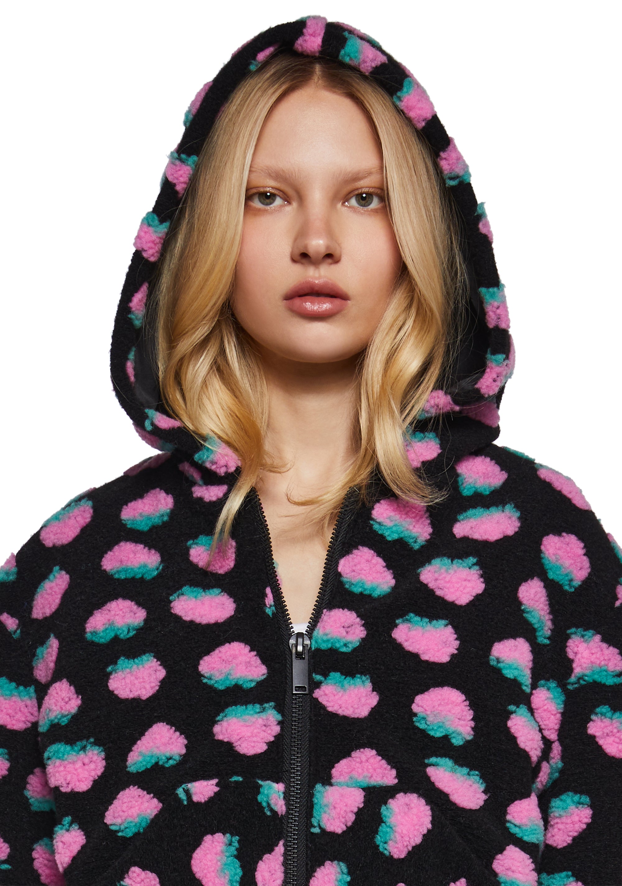 Faux Fur Sherpa Strawberry Print Hooded Jacket Sugar Thrillz