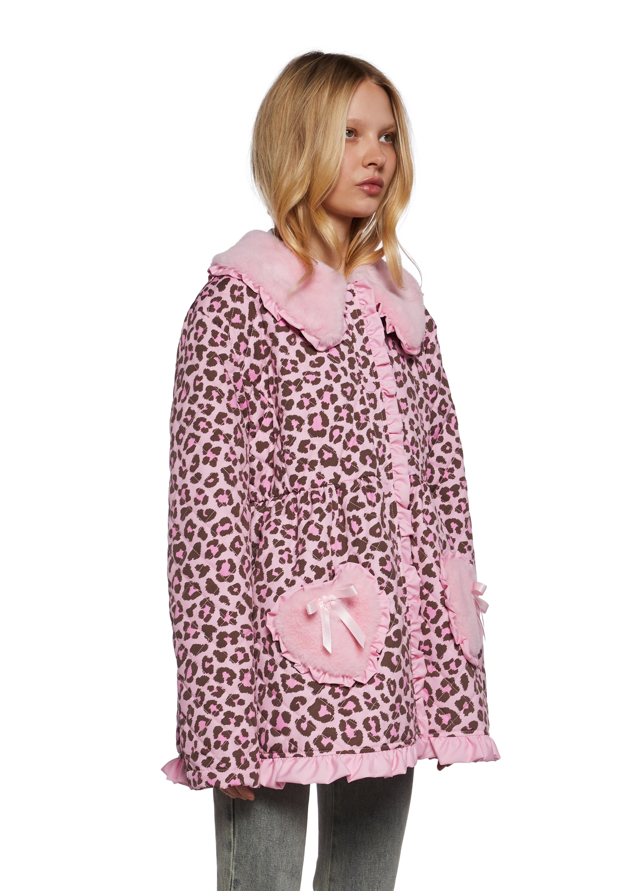 Leopard Print Nylon Ruffled Sateen Faux Fur Quilted Coat