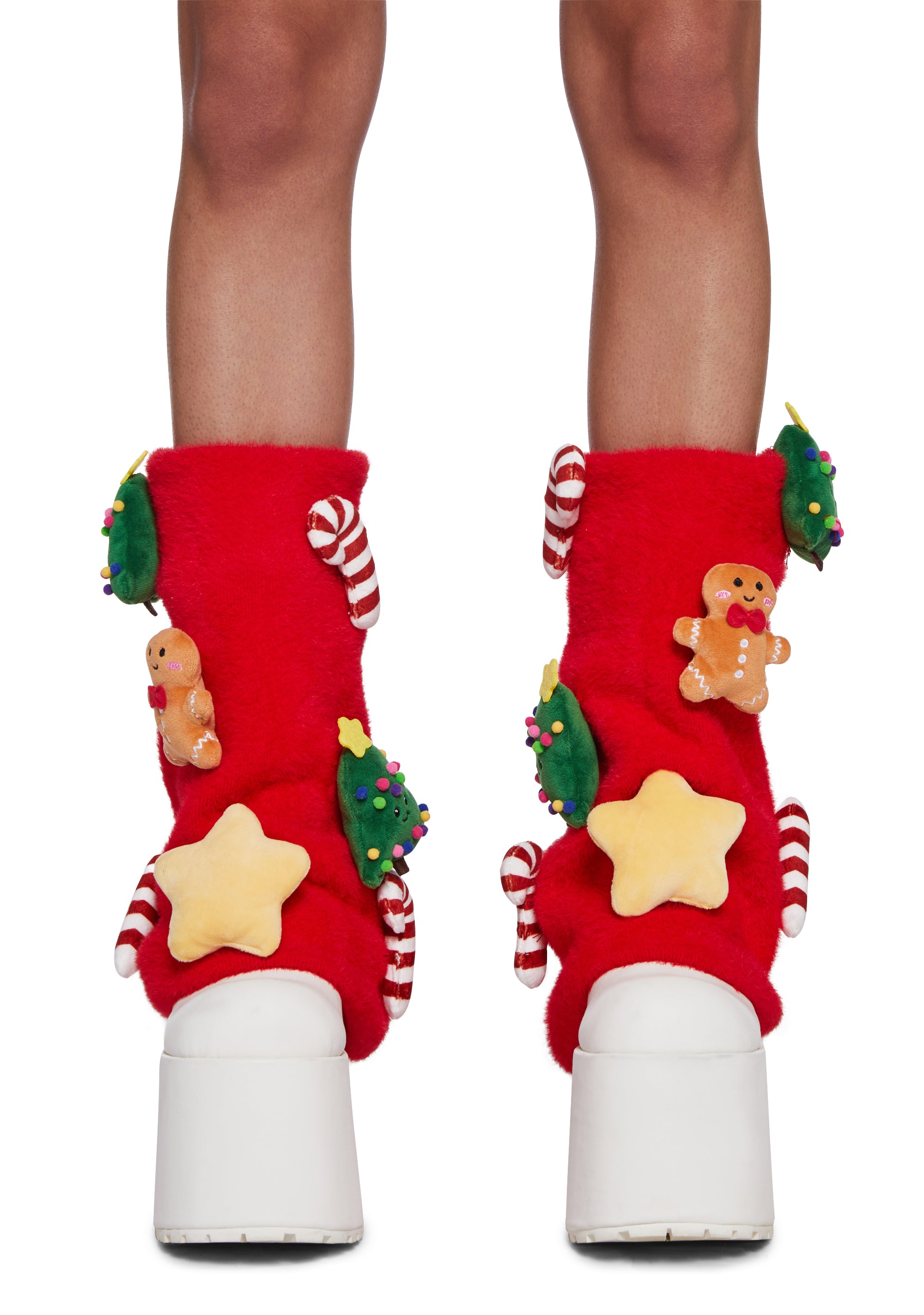 Acrylic Knit Christmas Holiday Plushie Boot Slip Leg Warmers
