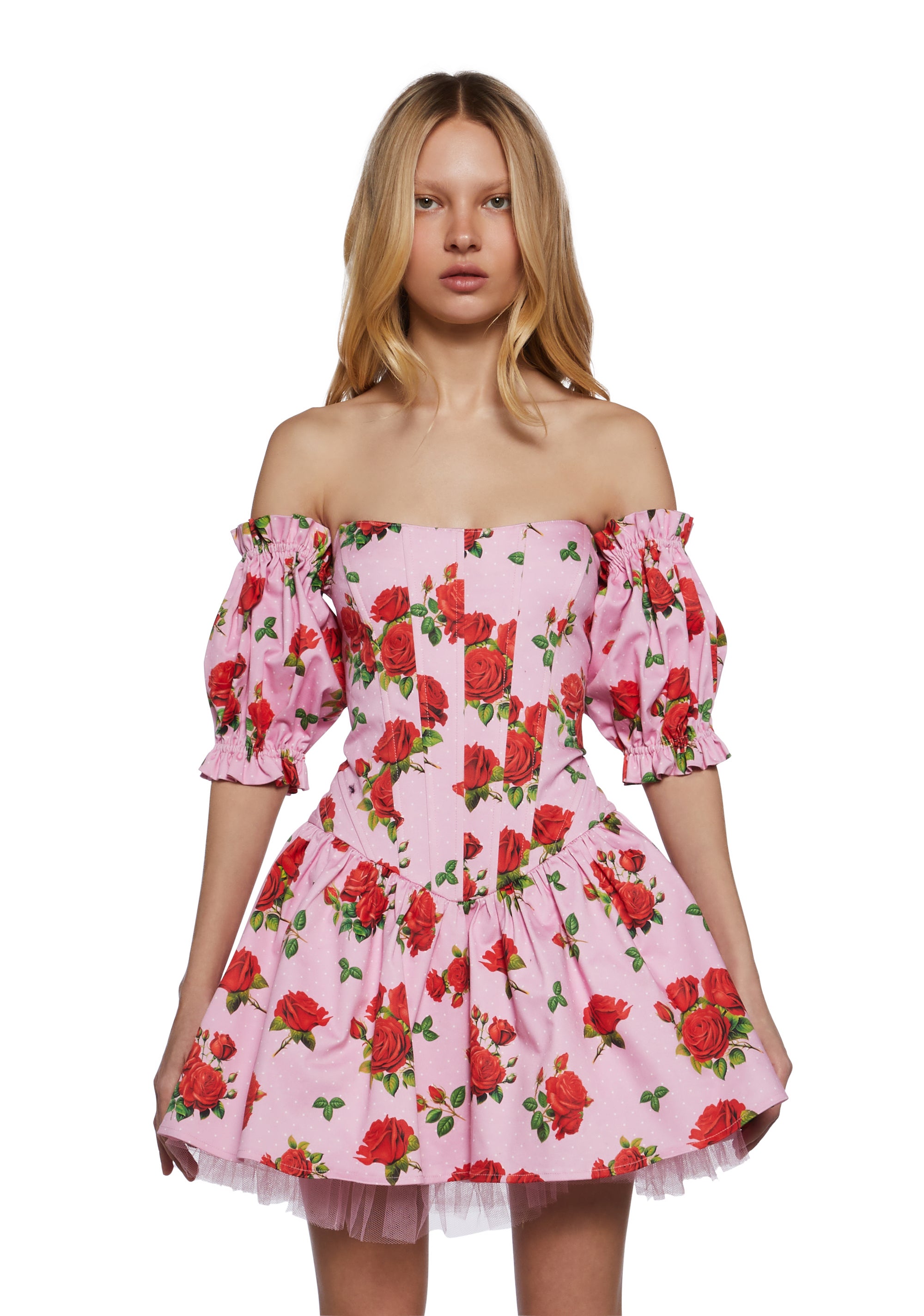 Womens Sexy Vday Rose Print Corset Mini Dress With Tulle Hem Sugar Thrillz