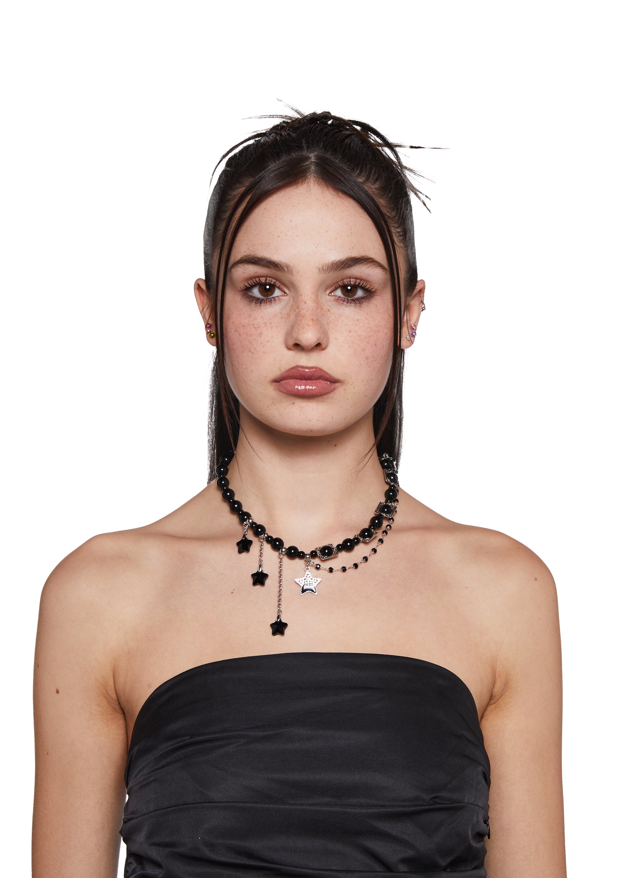 Womens Beaded Metal Choker Necklace With Star Charms - Black