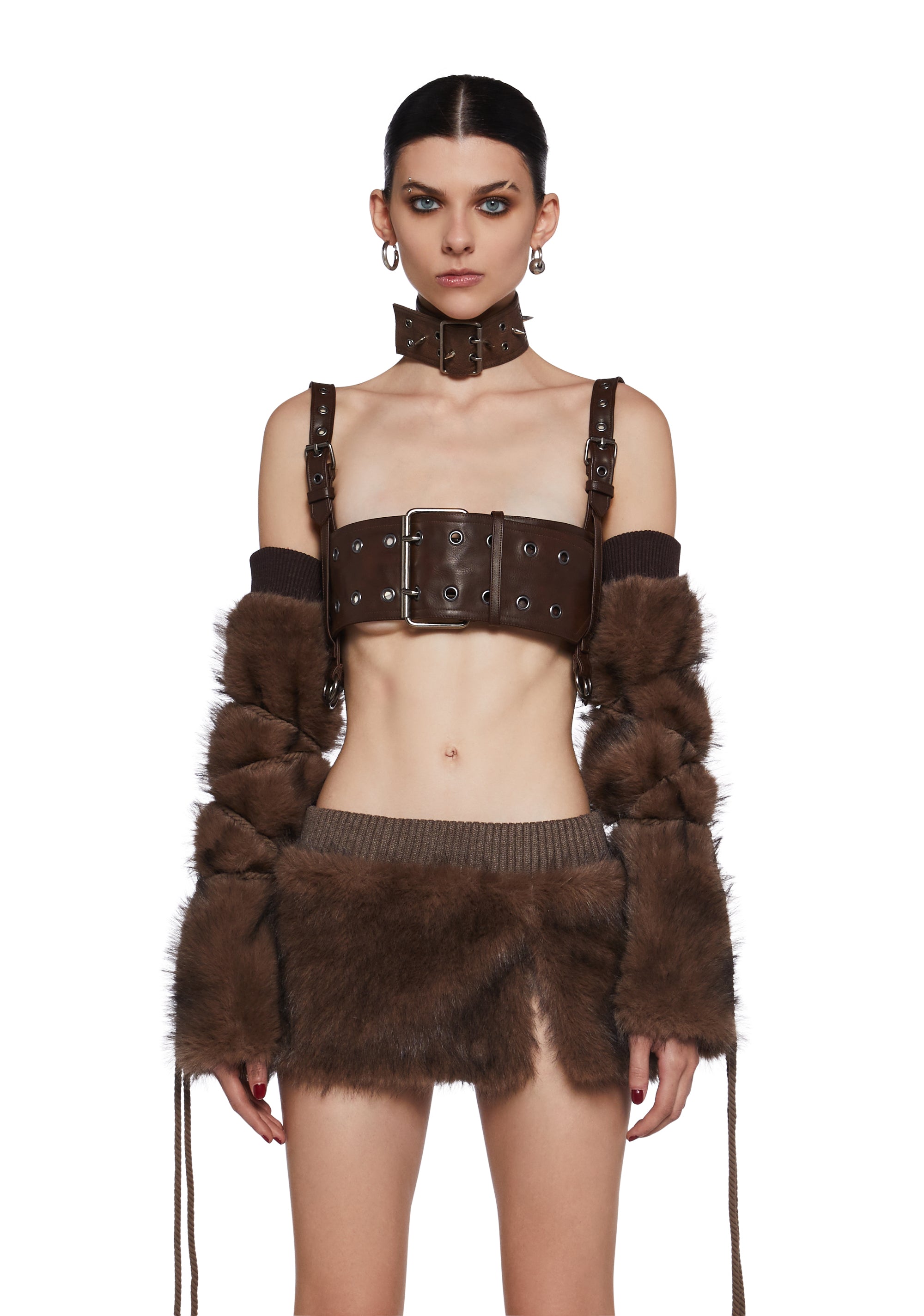 Darker Wavs Faux Fur Ribbed Knit Lace-Up Arm Warmers - Dark Brown