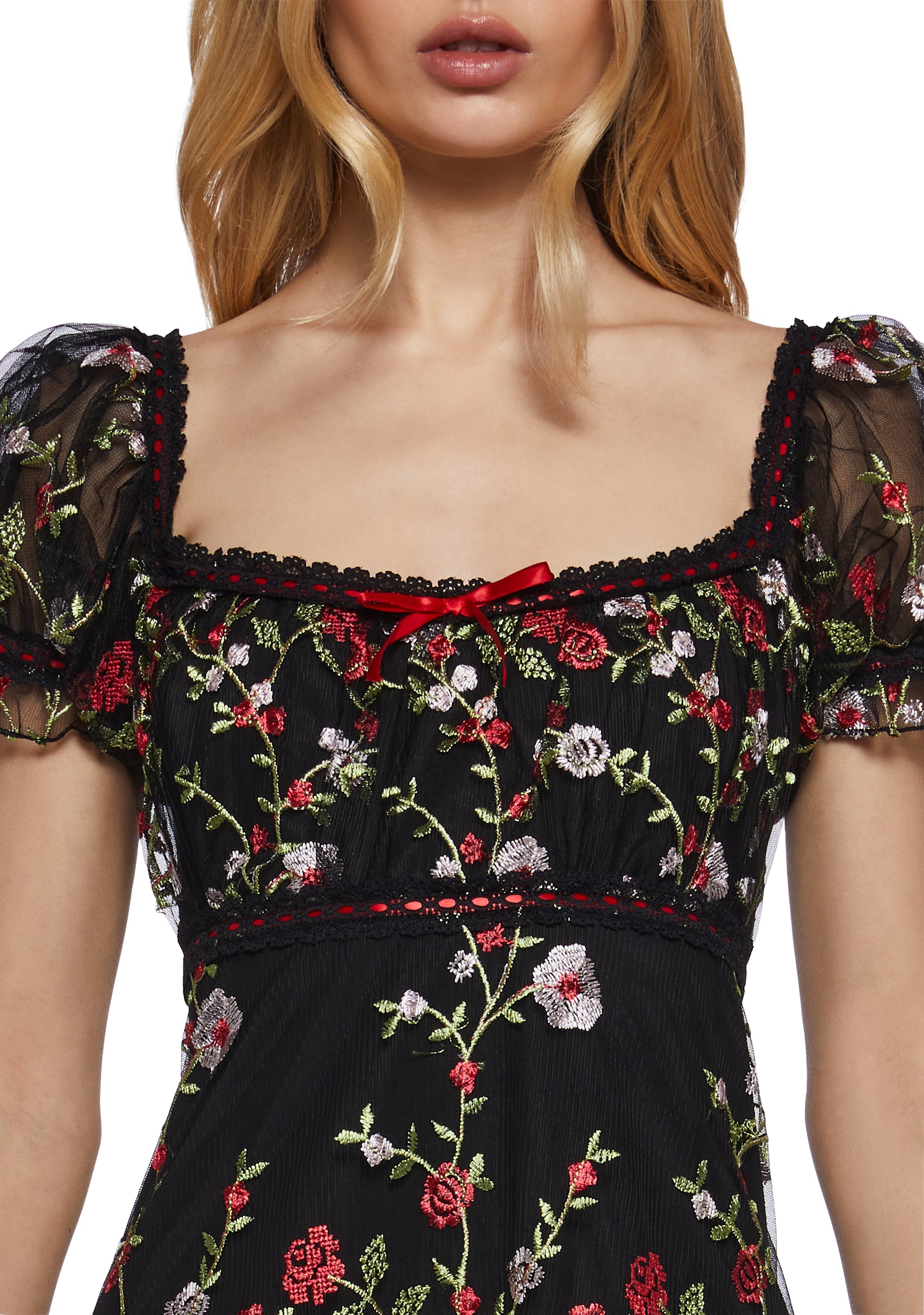 Womens Floral Babydoll Mini Dress With Embroidery Romantic