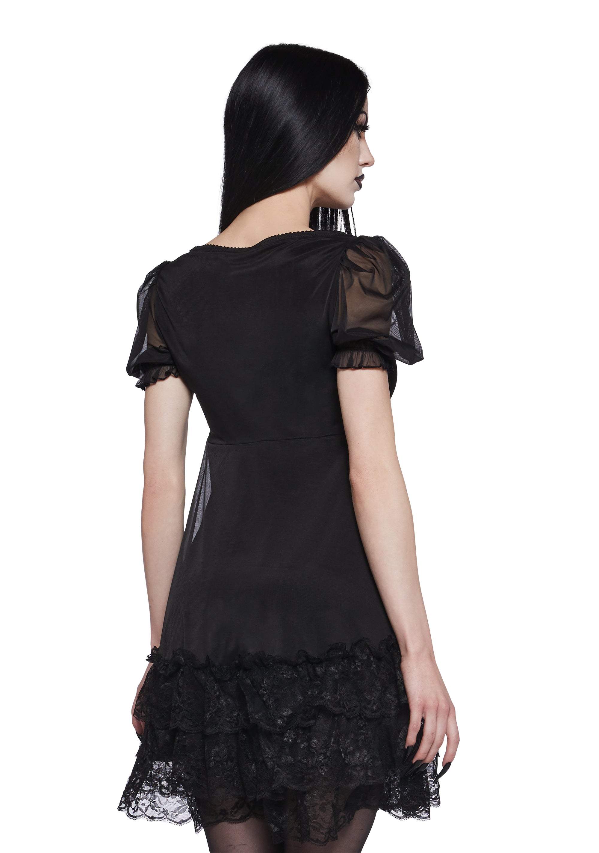 Chiffon Ruffled Lace Short Puff Sleeve Babydoll Dress Widow - Black Dolls Kill Chiffon Ruffled Lace Short Puff Sleeve Babydoll Dress Widow - Black Dolls Kill