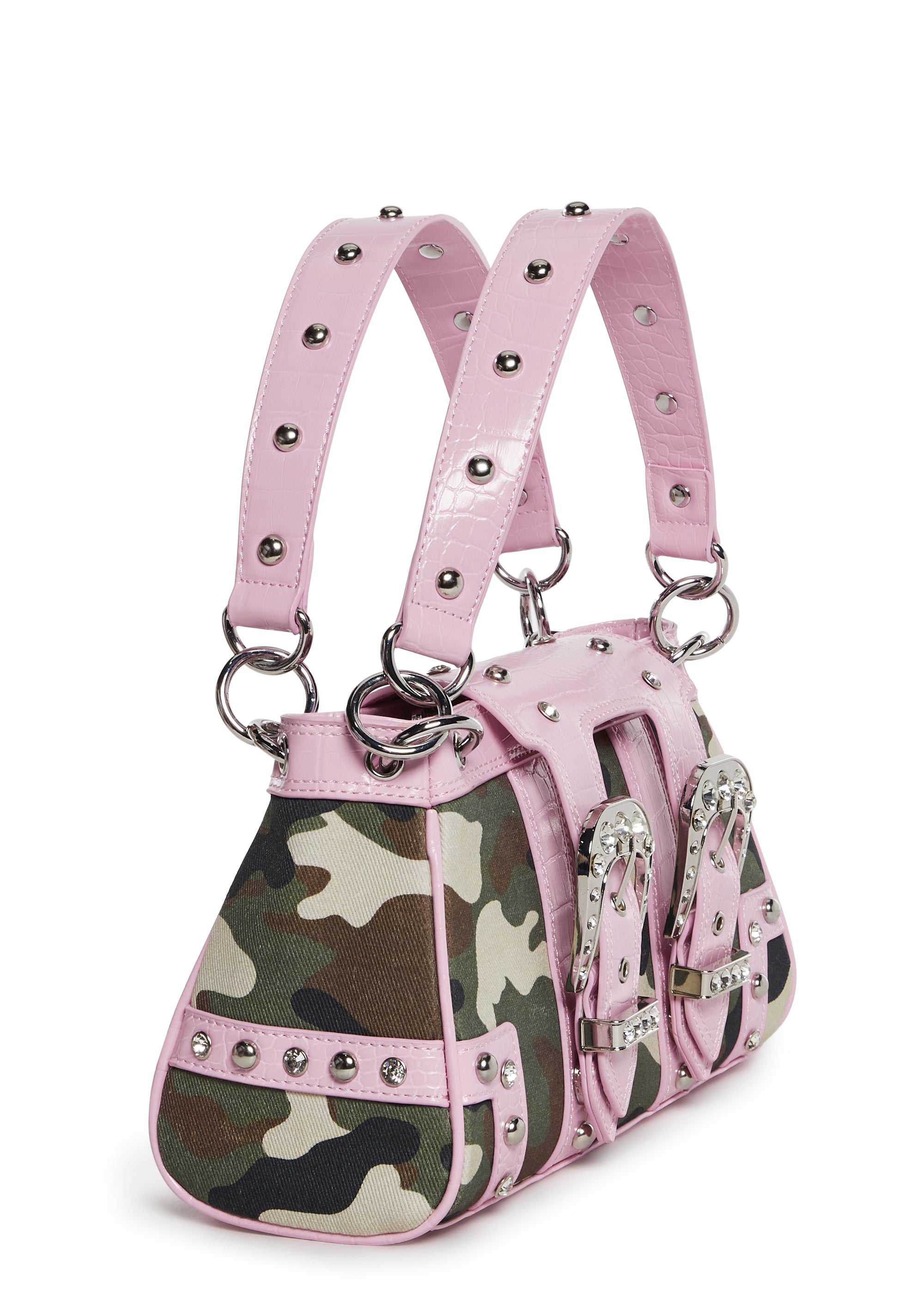 Faux Croc Vegan Leather Twill Camo Rhinestone Buckled