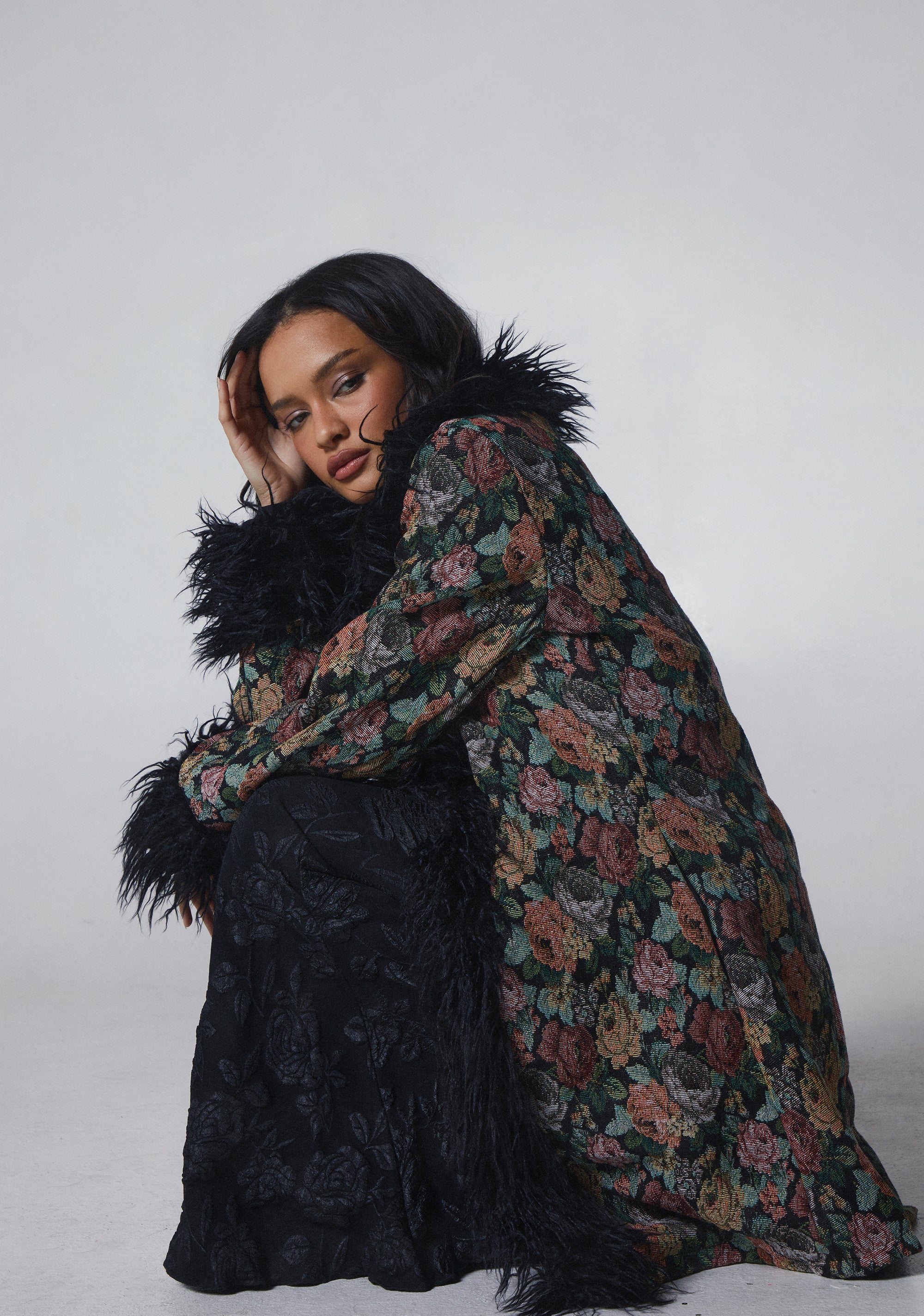 Womens Tapestry Rose Coat With Faux Fur Current Mood - Multi