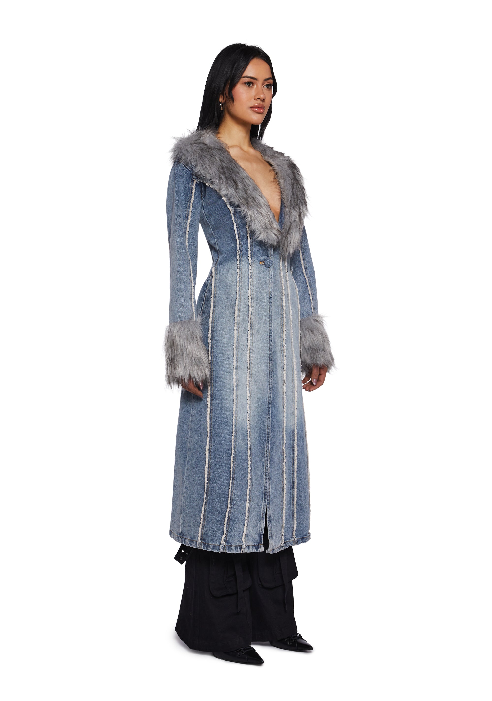 Off Beat Charm Denim Maxi Coat - Light Blue
