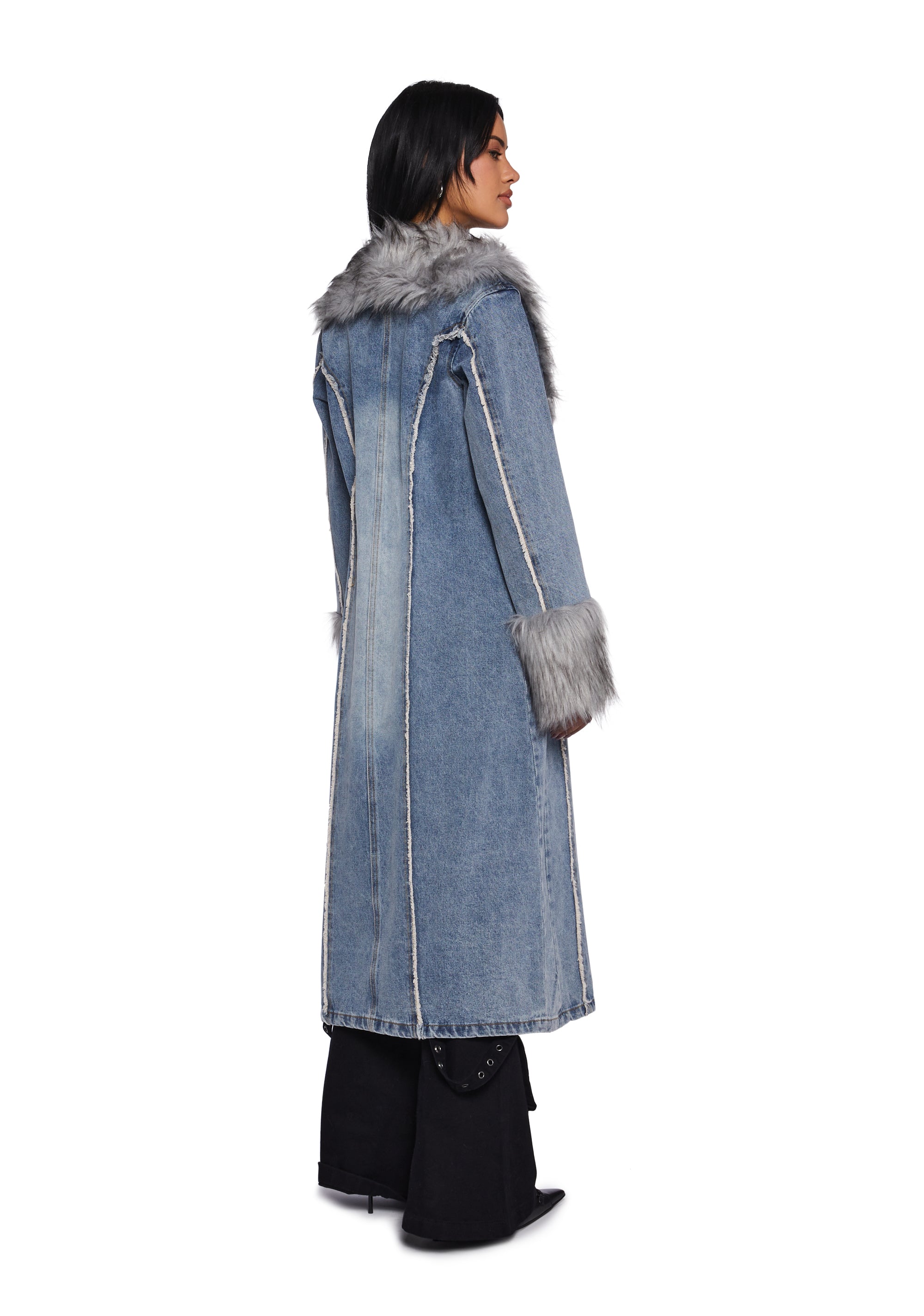 Off Beat Charm Denim Maxi Coat - Light Blue