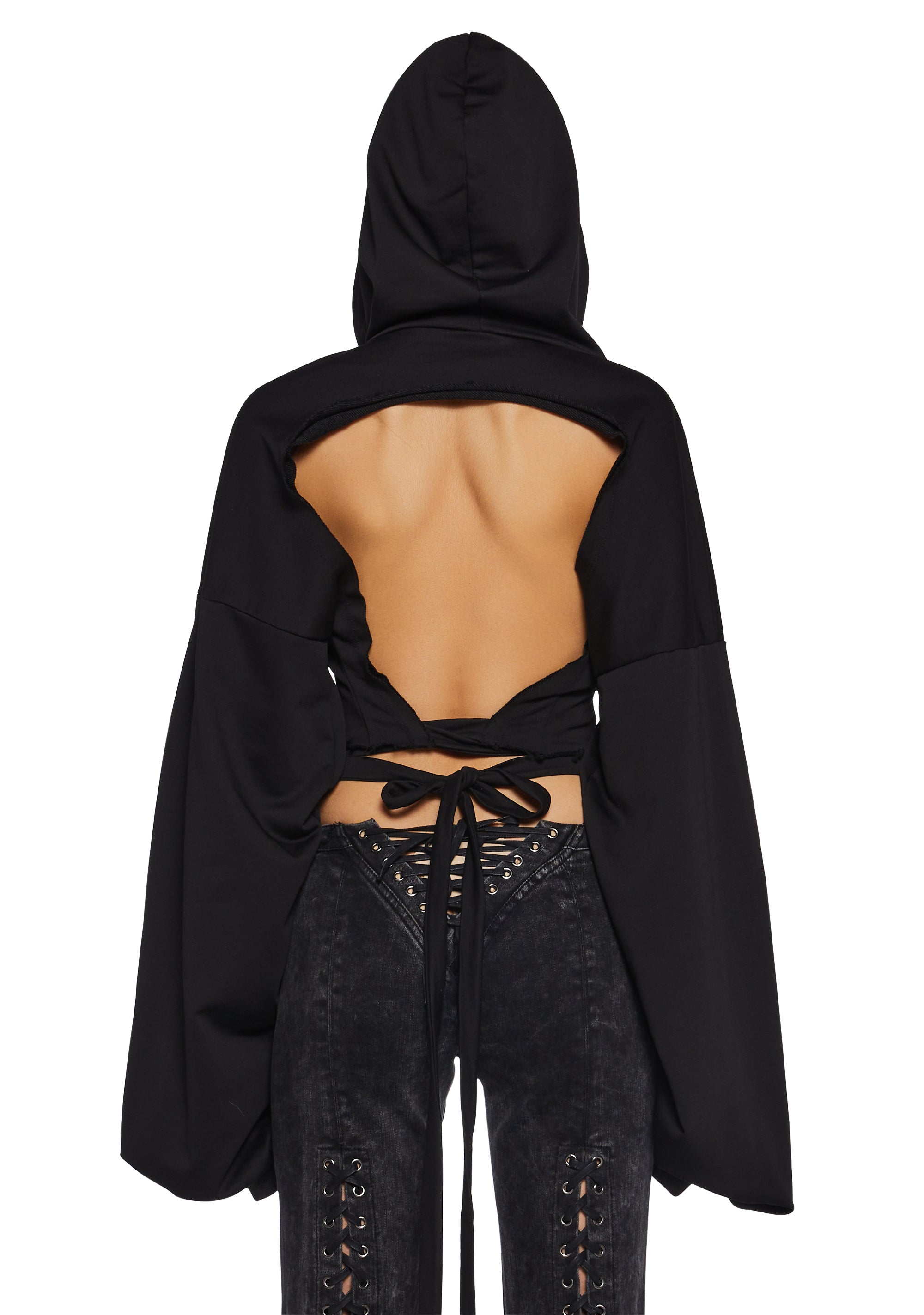 定番の中古商品 Womens Wavs Darker Hoodie Cropped Sleeve Long Back Open トップス