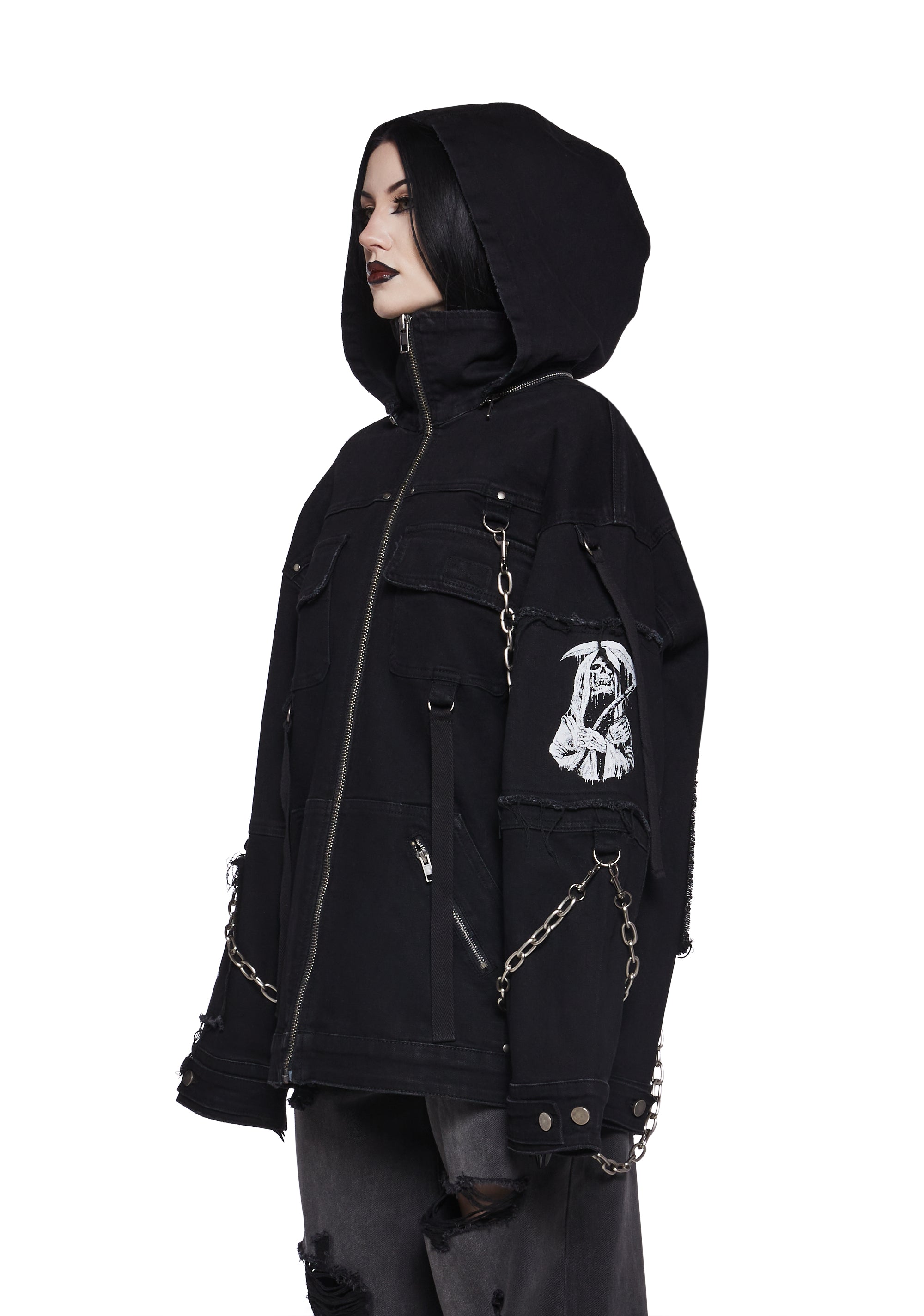 Twill Metal Chain Skull Cross Patch Hooded Trucker Jacket Widow