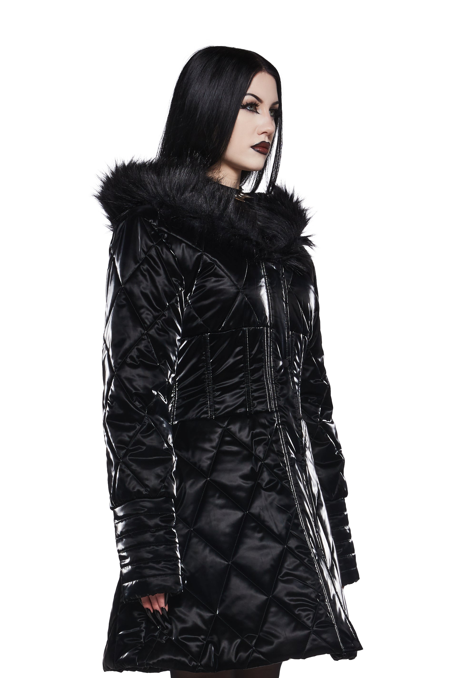 Nylon Faux Fur Quilted Hooded Puffer Jacket Widow - Black – Dolls Kill