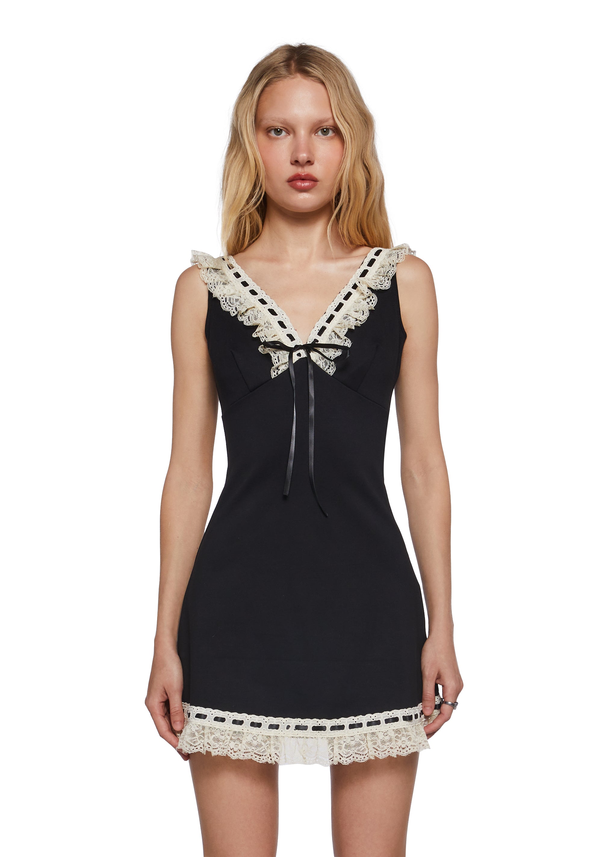 Ponte Knit Lace Ribbon V-Neck Mini Dress Delia's
