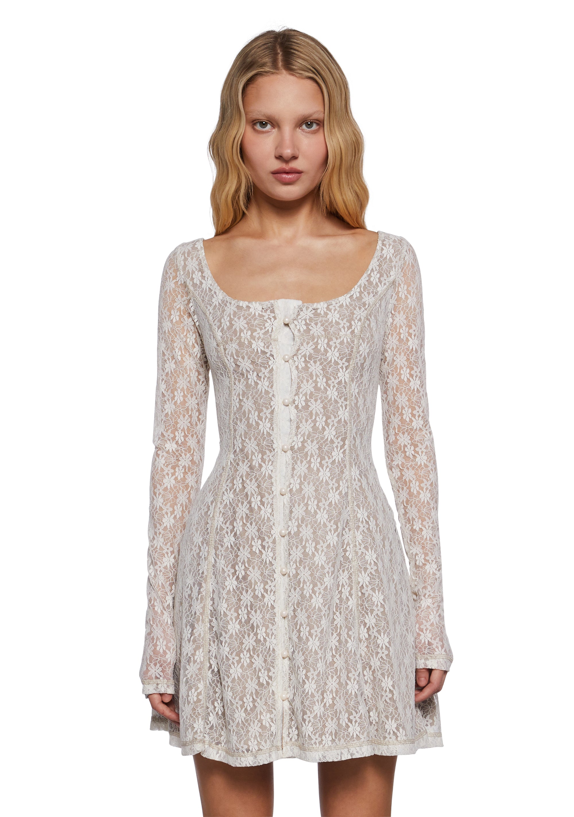 Stretchy Floral Lace Long Sleeve Button Mini Dress Delia's Off White
