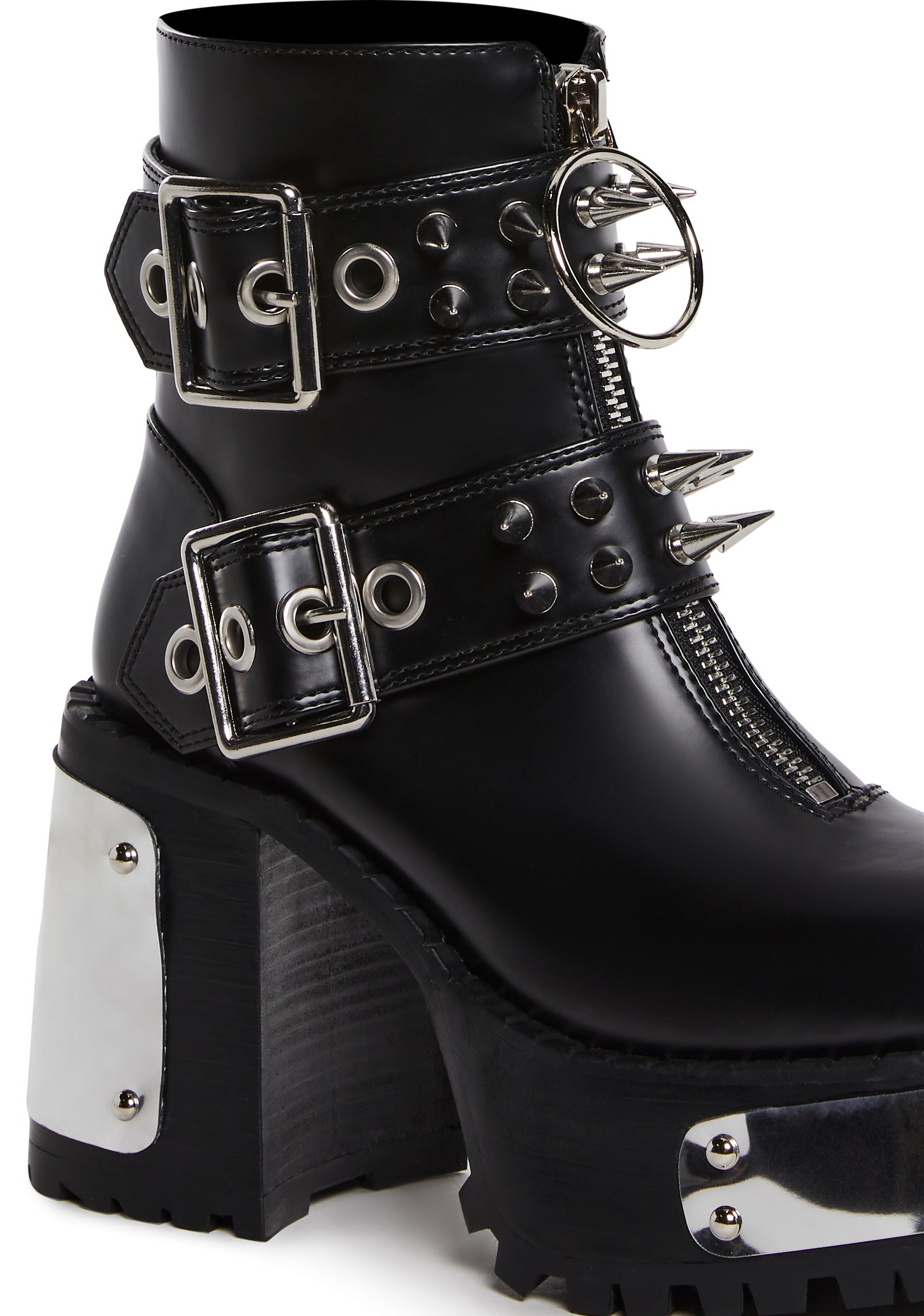 DOLLS KILL Widow スカルバックルコンバットブーツ Widow Chunky Punk Platform Buckled Knee High Boots - Black